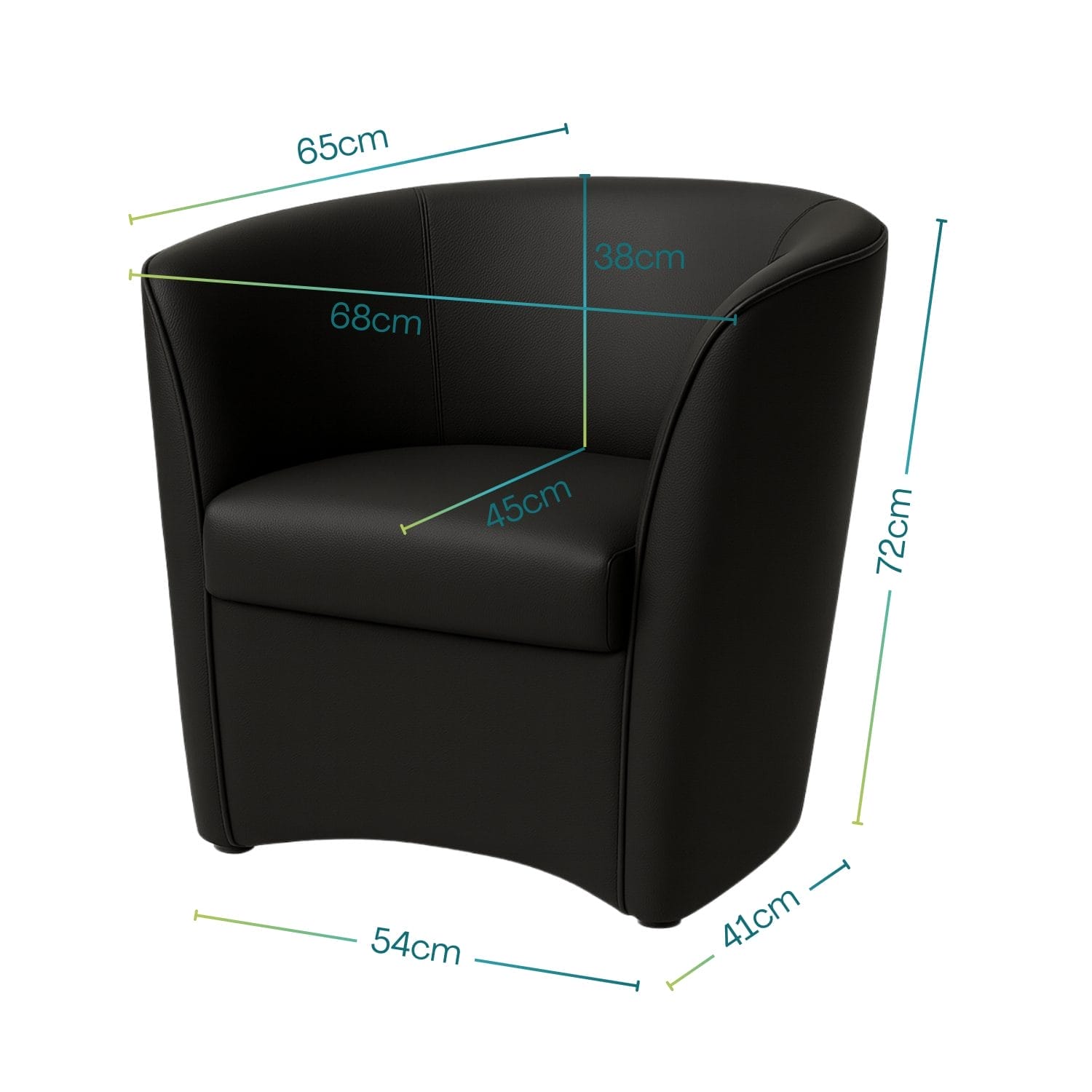 Poltrona a pozzetto nera in ecopelle con misure dettagliate 65x72x54 cm