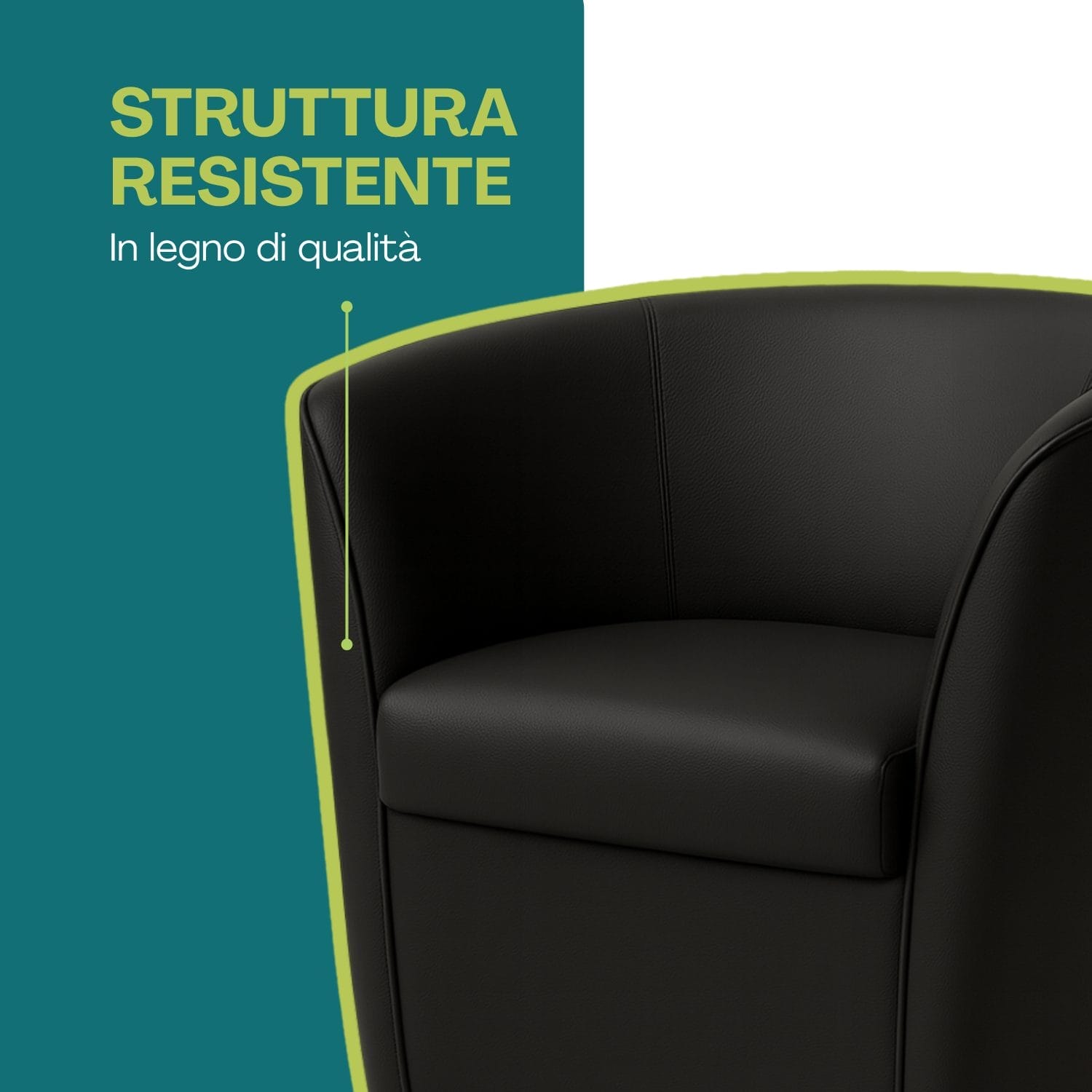 Dettaglio struttura resistente in legno della poltrona a pozzetto nera