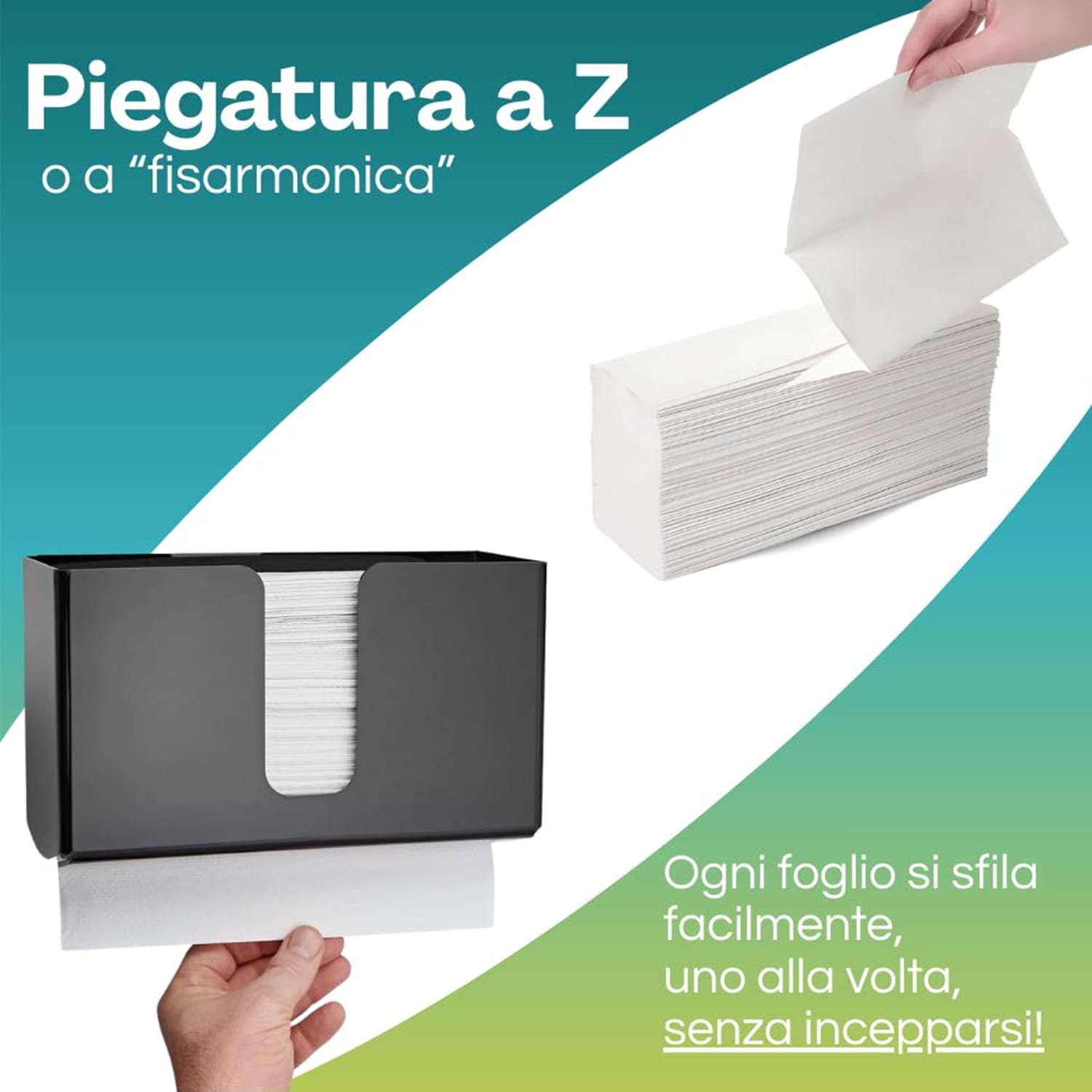 Asciugamani piegati a Z per dispenser, estrazione facile uno alla volta senza inceppi