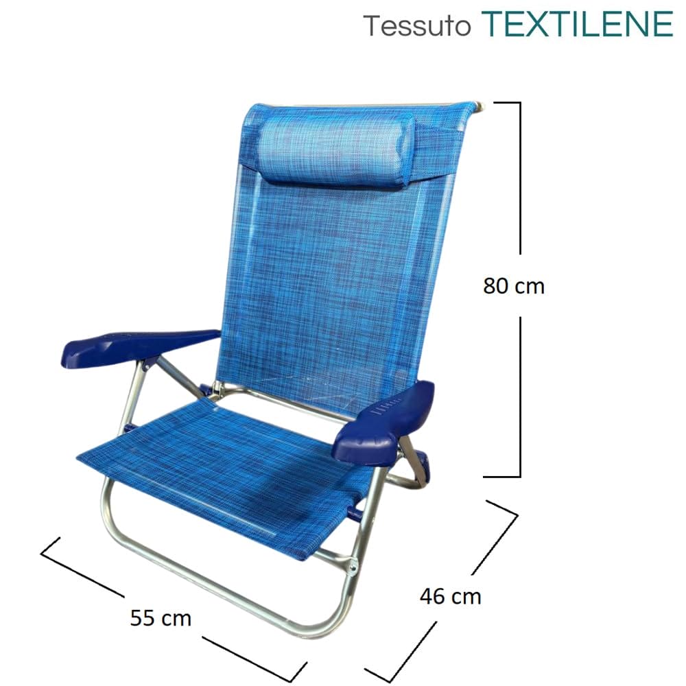 misura spiaggina blu Sedia pieghevole da spiaggia blu in alluminio con braccioli e poggiatesta 55x46x80 cm