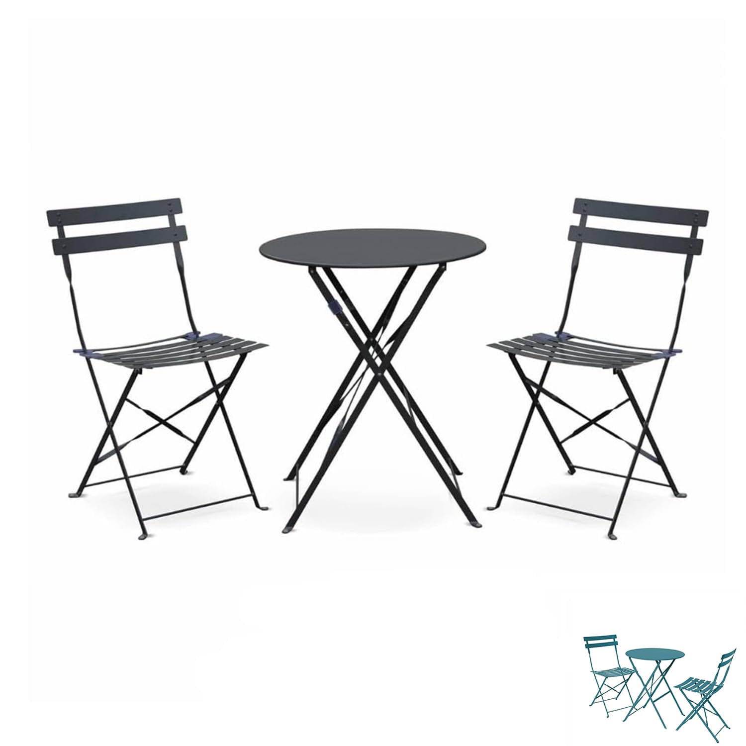 Set bistrot da giardino antracite con tavolo tondo e 2 sedie pieghevoli