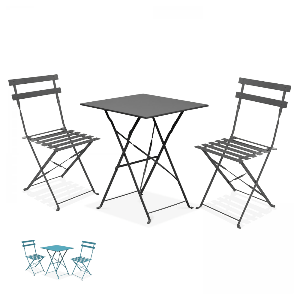 Set bistrot pieghevole con tavolo quadrato e 2 sedie per balcone colore antracite