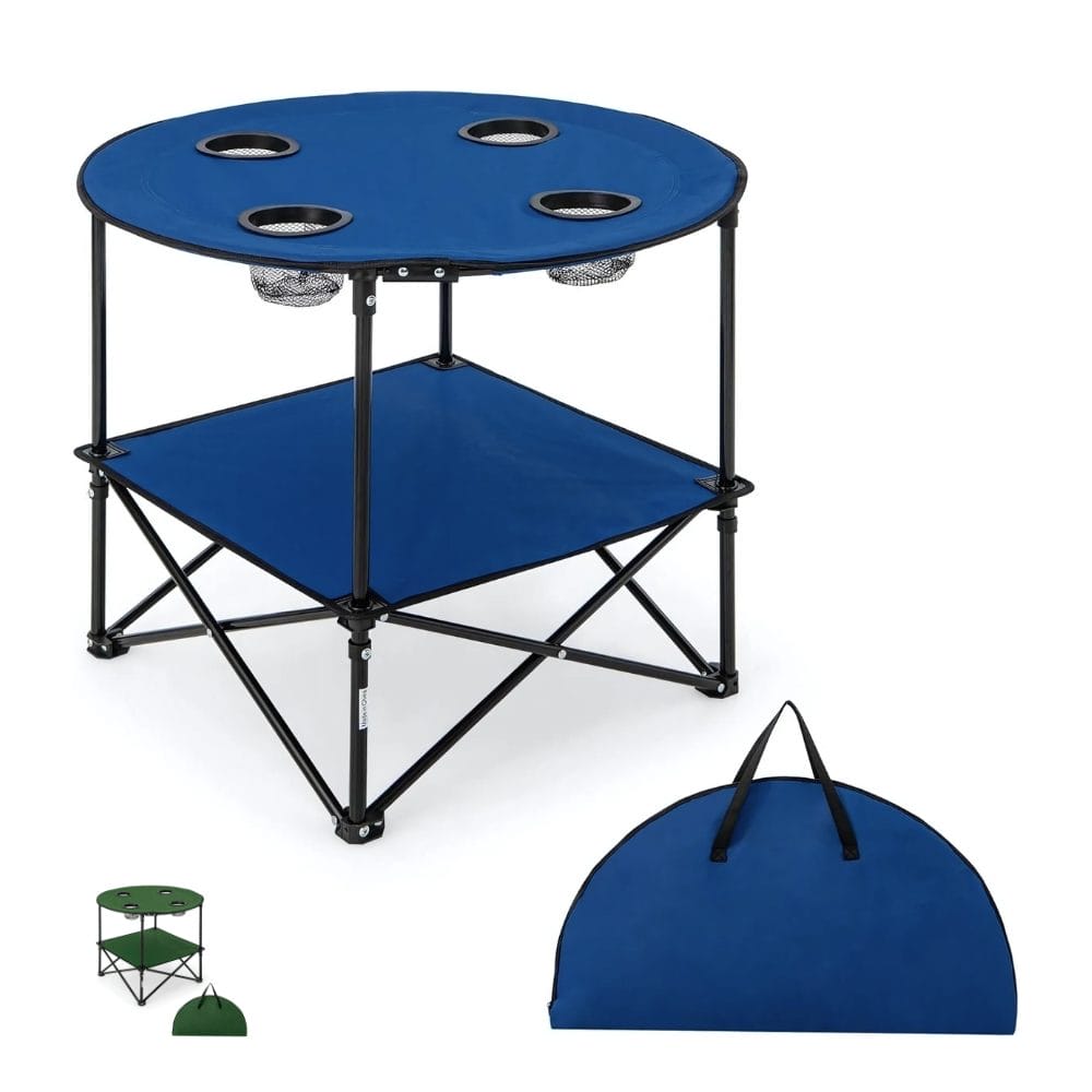 Tavolo campeggio rotondo pieghevole blu con portabicchieri e ripiano