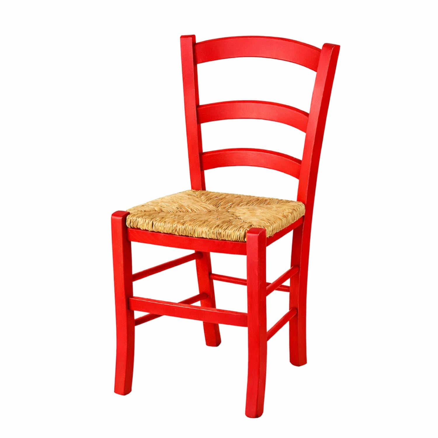 Sedia in legno rosso con sedile in paglia, sedia tradizionale cucina