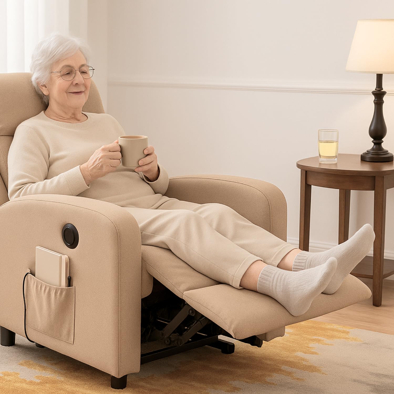 Poltrona relax tortora chiaro con poggiapiedi aperto utilizzata in un ambiente domestico accogliente
