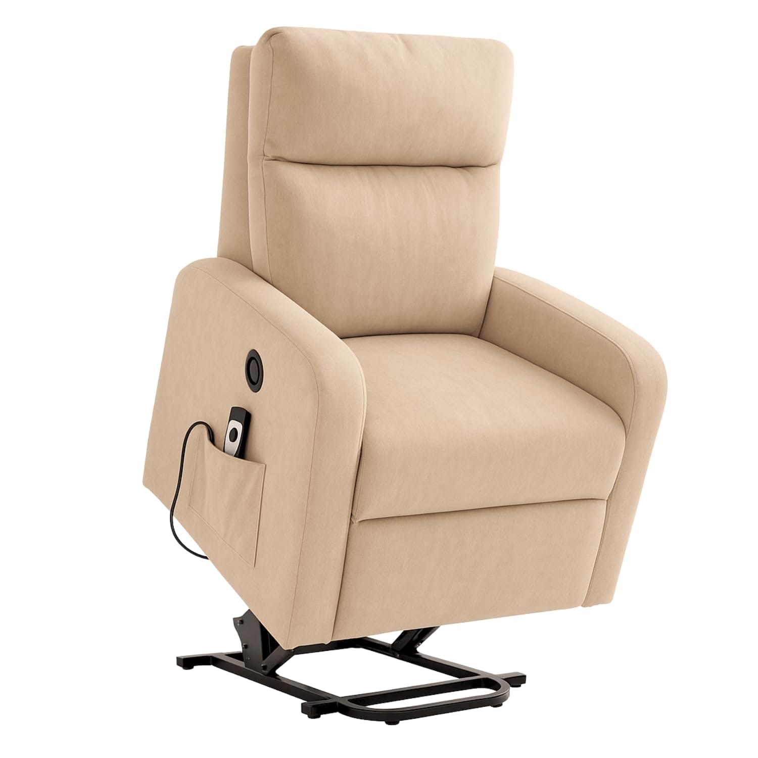 Poltrona elettrica alzapersona in tessuto tortora chiaro con meccanismo di sollevamento