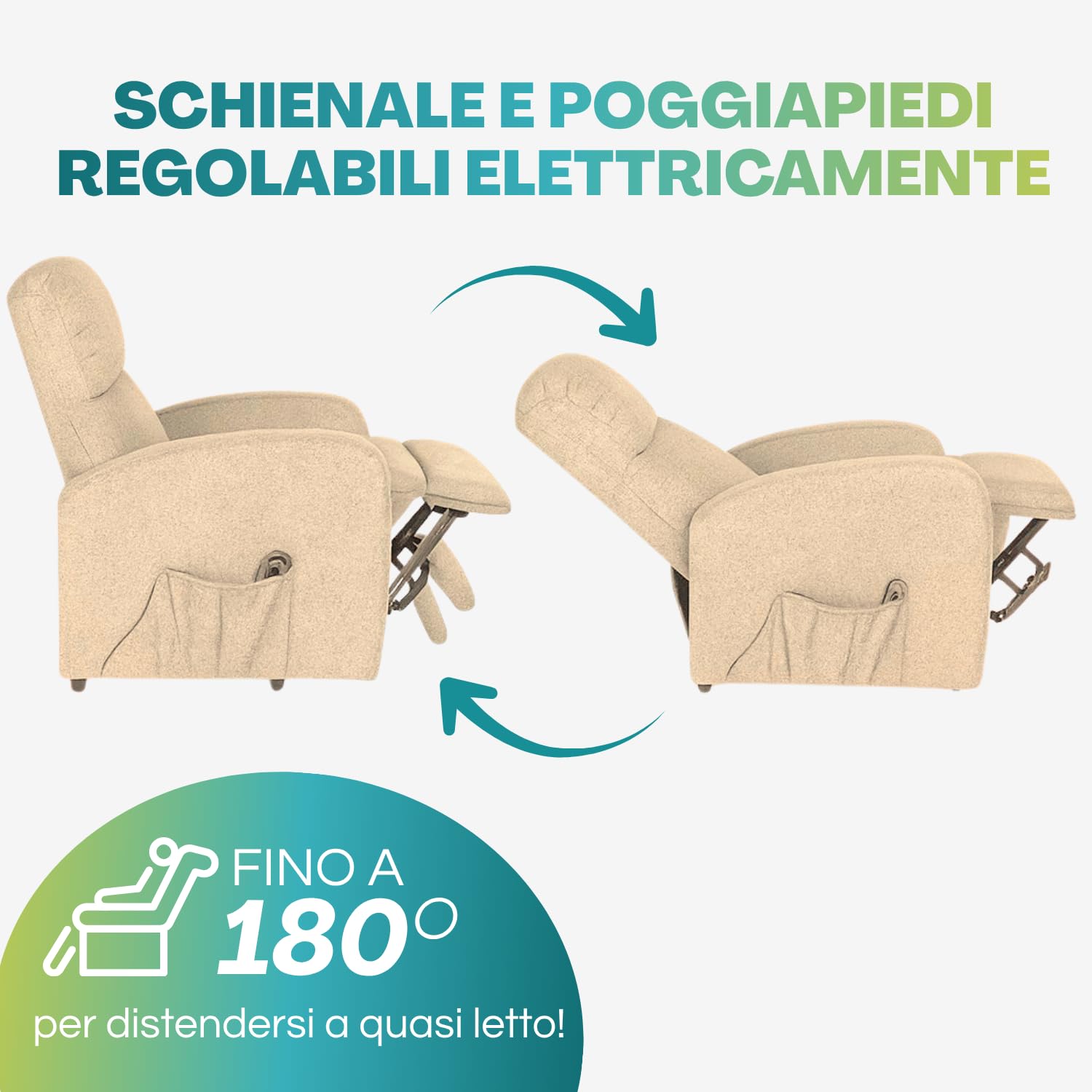Poltrona relax tortora chiaro con schienale e poggiapiedi regolabili elettricamente fino a 180°