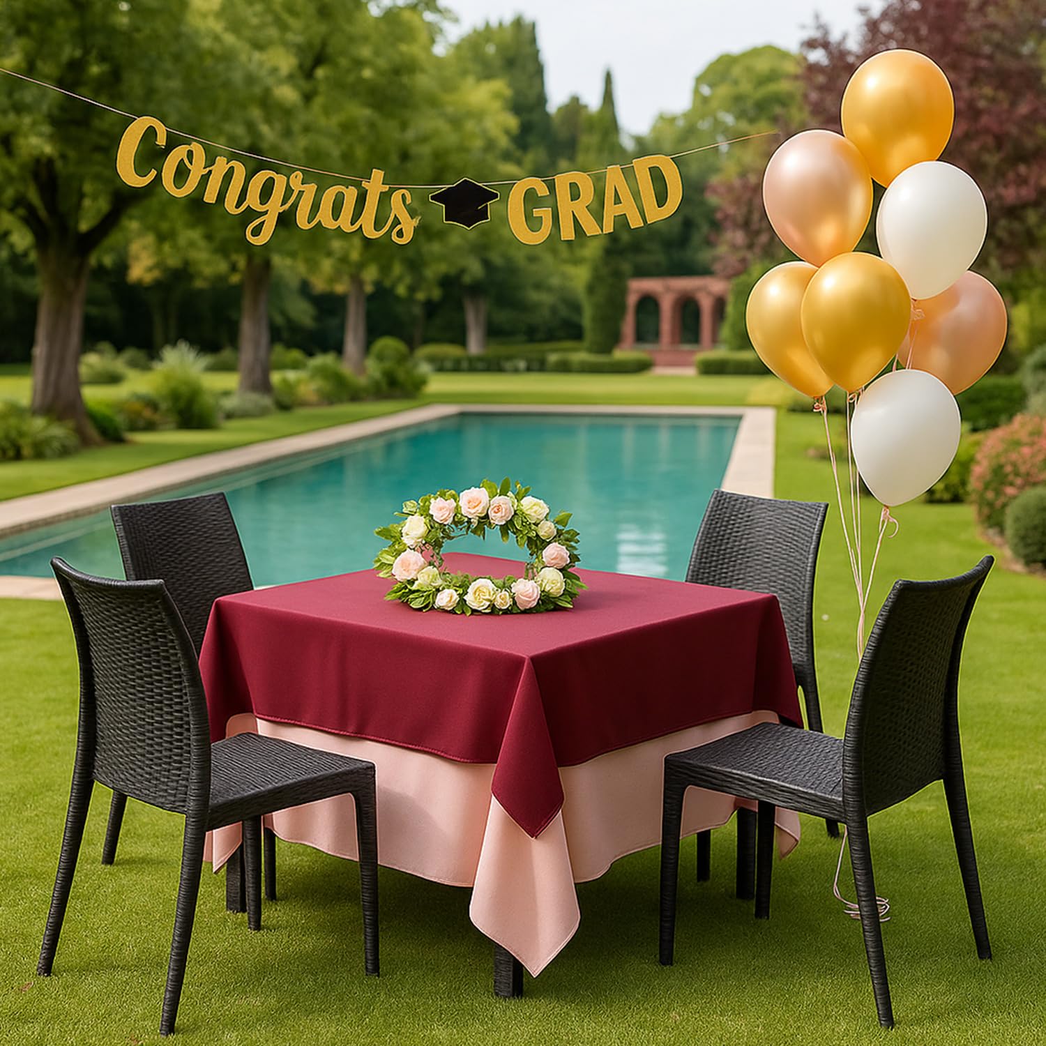 Tavolo con 4 sedie nere allestito per festa in giardino con piscina