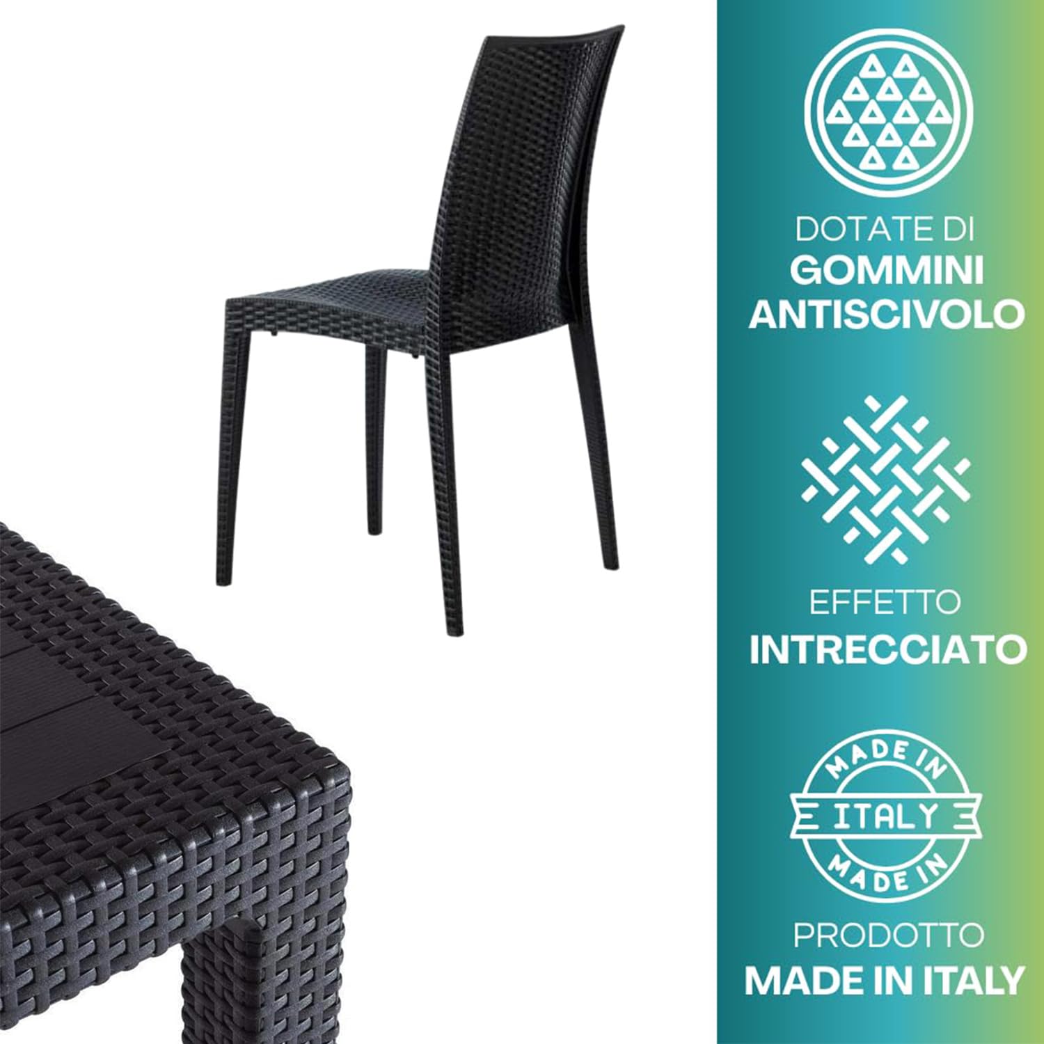 Dettagli sedia e tavolo neri con gommini antiscivolo e intreccio rattan
