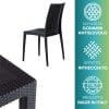 Dettagli sedia e tavolo neri con gommini antiscivolo e intreccio rattan