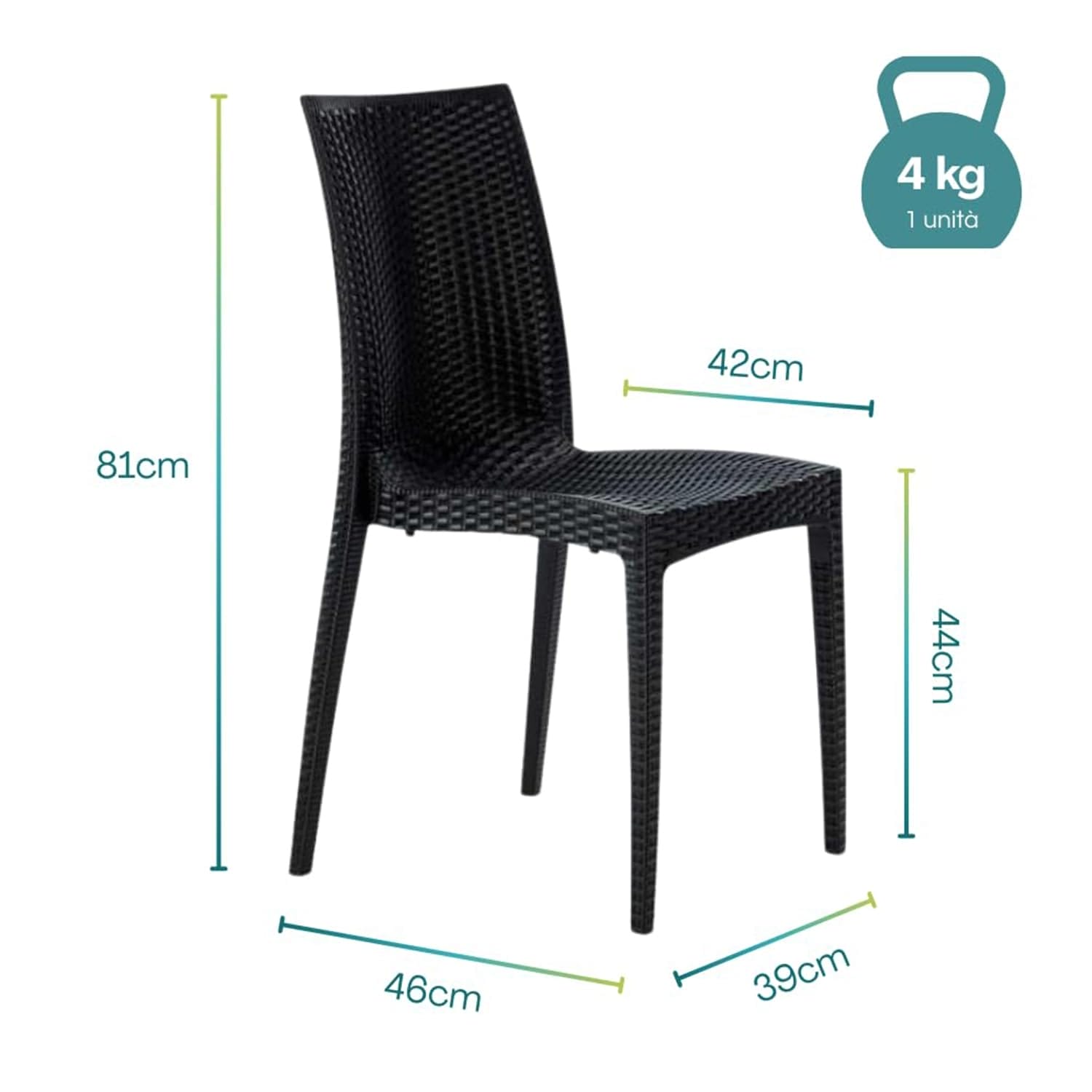 Sedia in plastica rattan antracite 81x46x39 cm, impilabile e senza braccioli, 4 kg