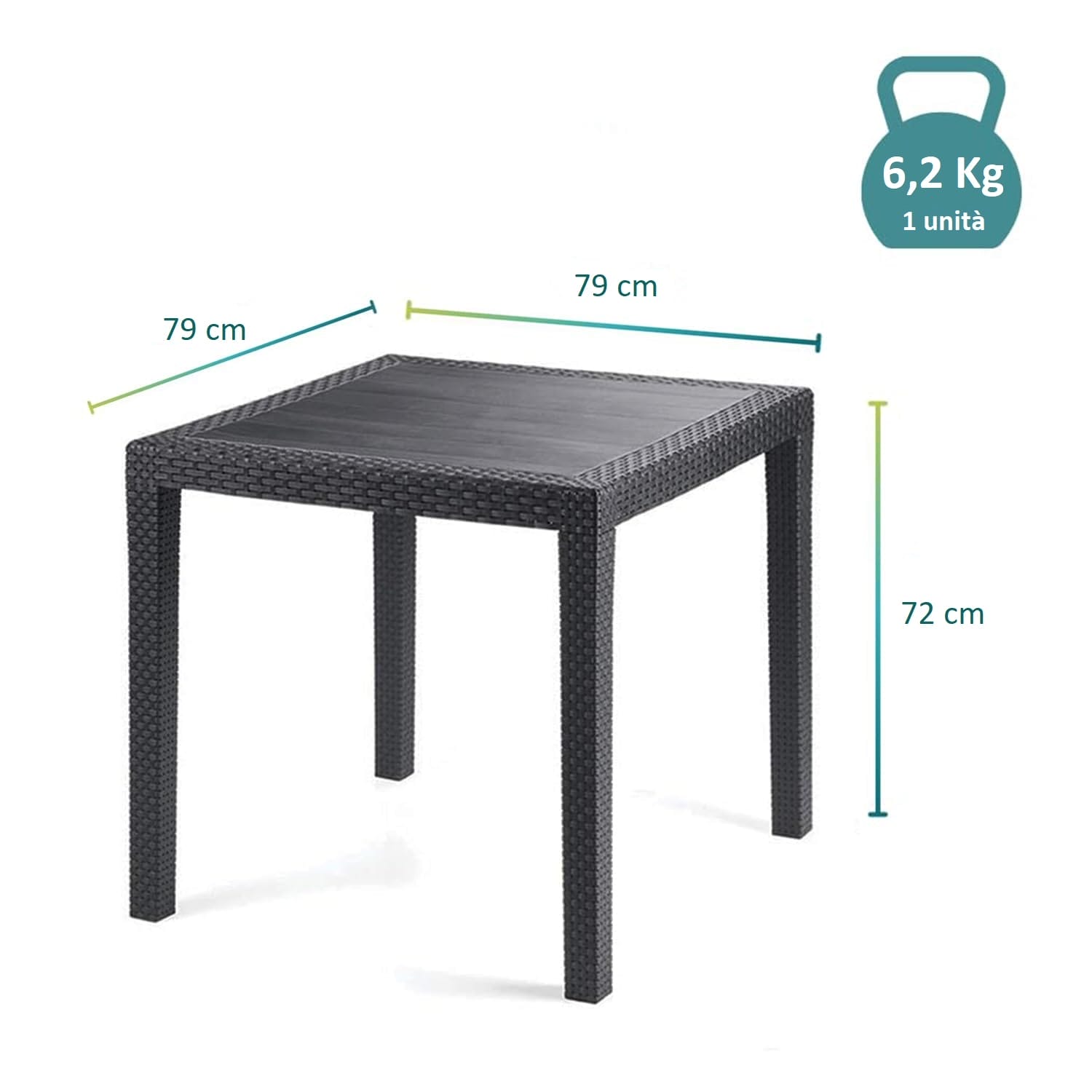 Tavolo quadrato 79x79 cm antracite in plastica effetto rattan con peso 6,2 kg