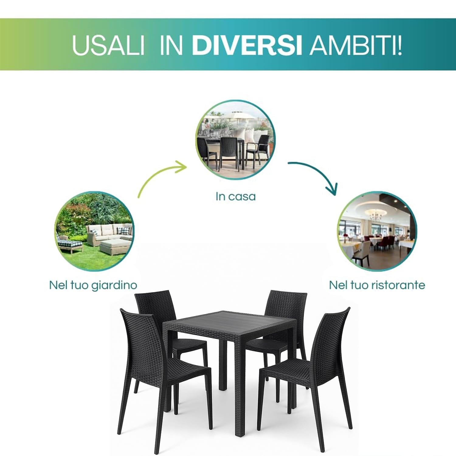Set tavolo con sedie nere per casa, giardino o ristorante