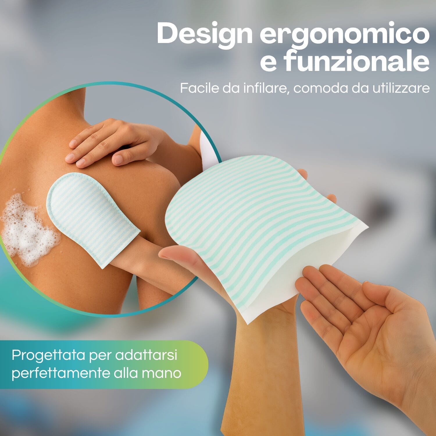 Guanto saponato ergonomico, facile da usare e perfetto per la pulizia del corpo