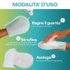 Istruzioni d’uso manopola: bagna, strofina per la schiuma, asciuga con il retro