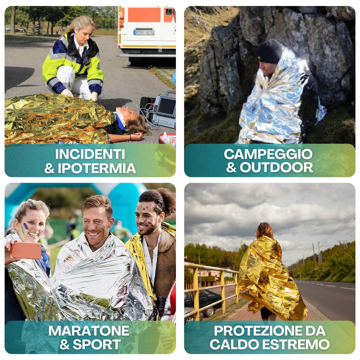 Coperta isotermica per incidenti, ipotermia, sport, campeggio e caldo estremo