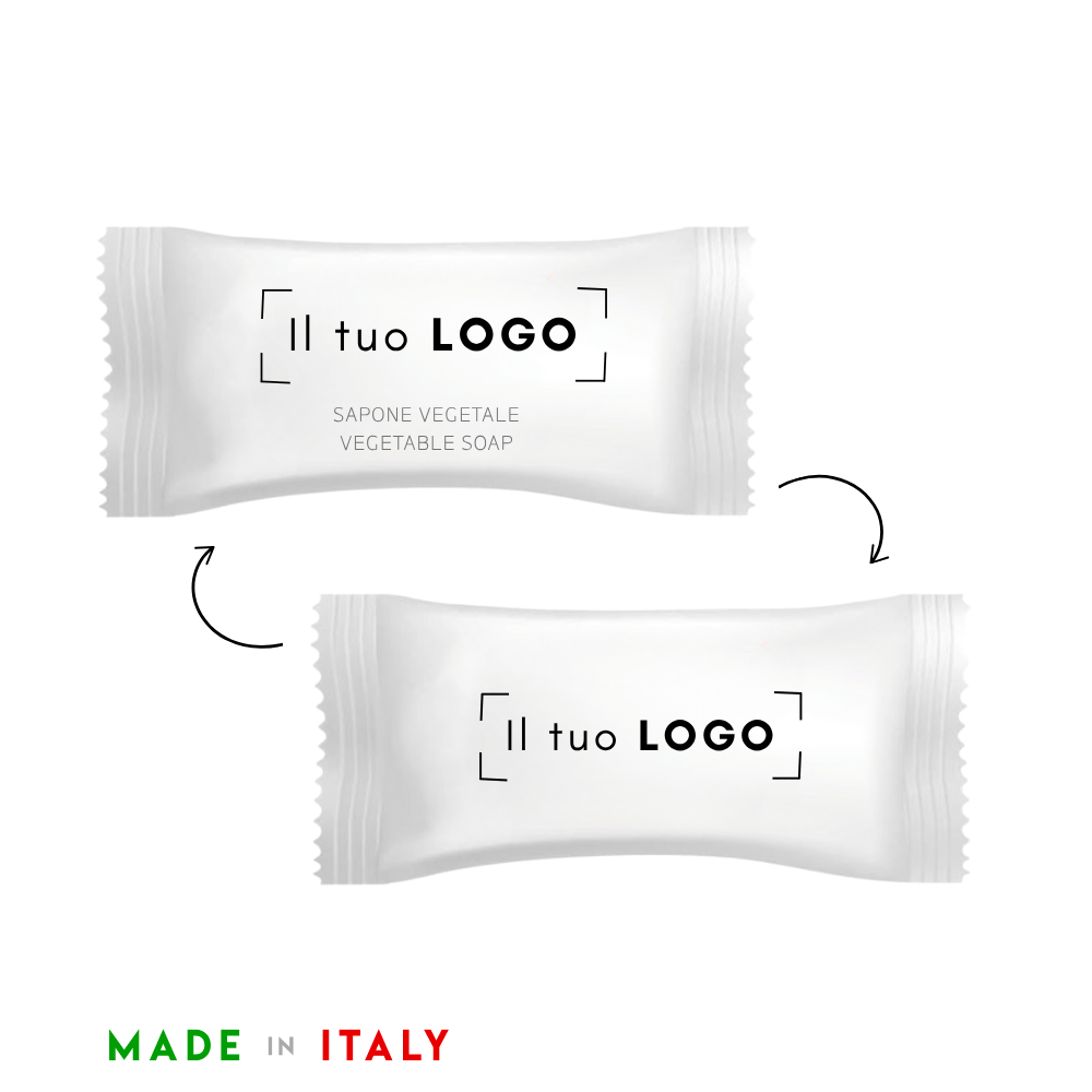 Fronte e retro saponetta vegetale personalizzata da 9 grammi con logo per strutture ricettive