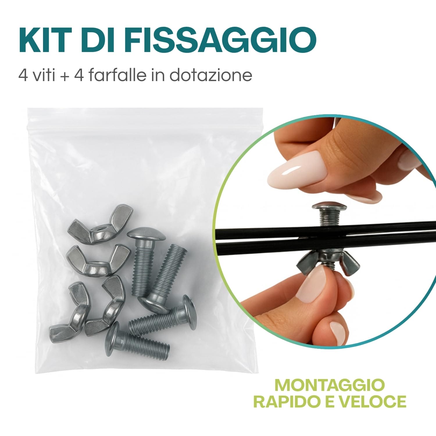 Kit fissaggio balconiera con 4 viti e 4 dadi a farfalla per montaggio rapido e sicuro