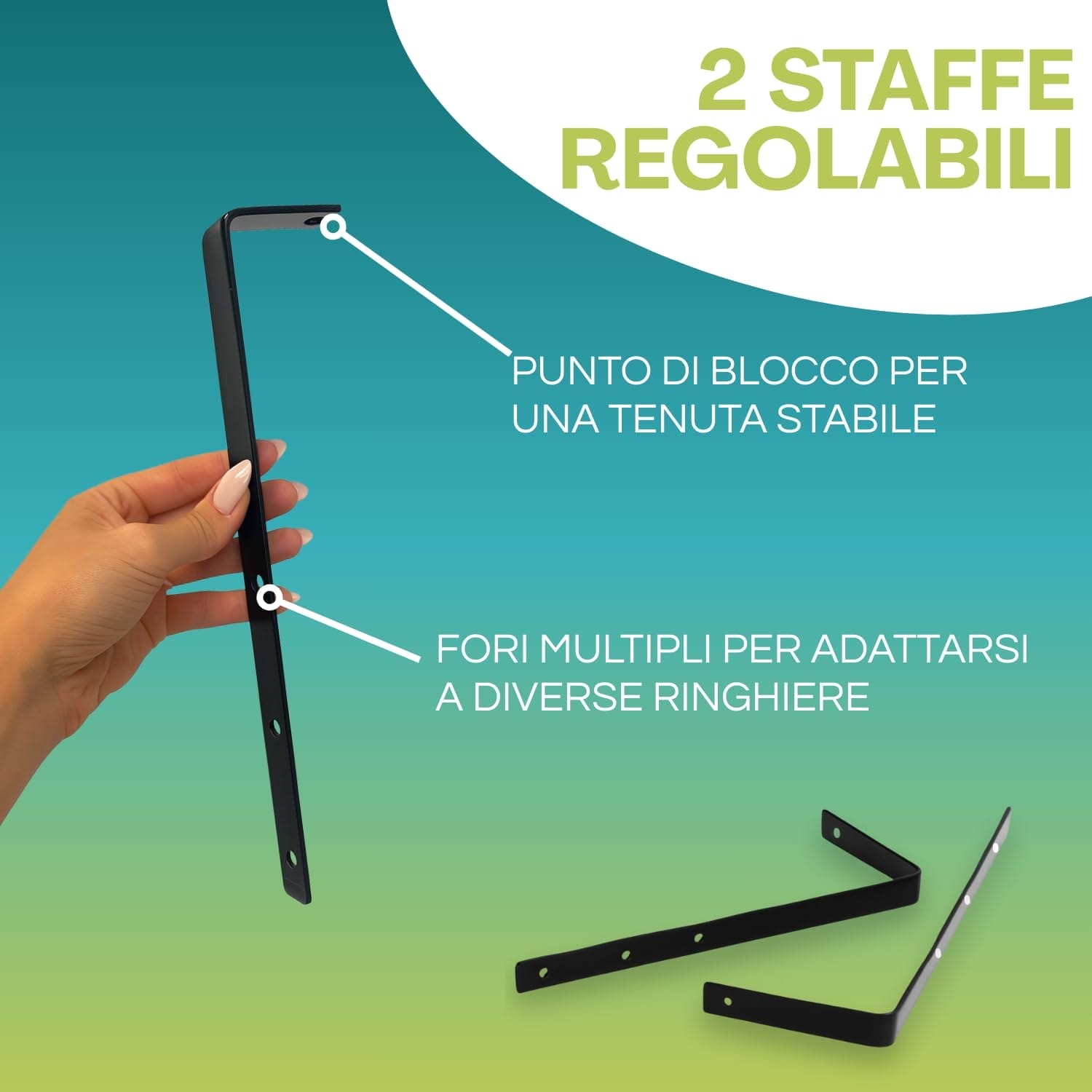 Staffa regolabile in metallo nero con fori multipli per adattarsi a diverse ringhiere