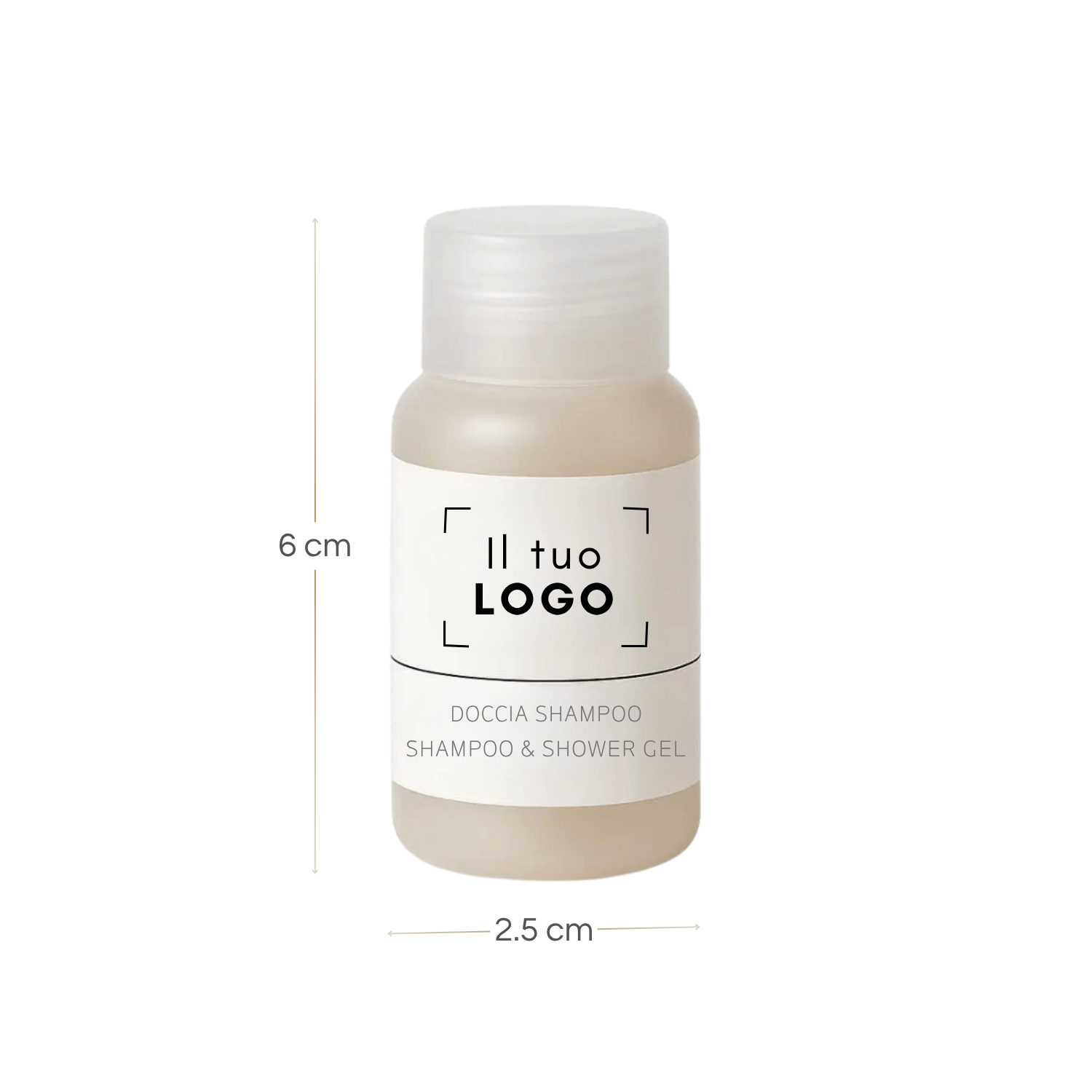 Doccia shampoo 20 ml personalizzabile per hotel con dimensioni 6x2,5 cm