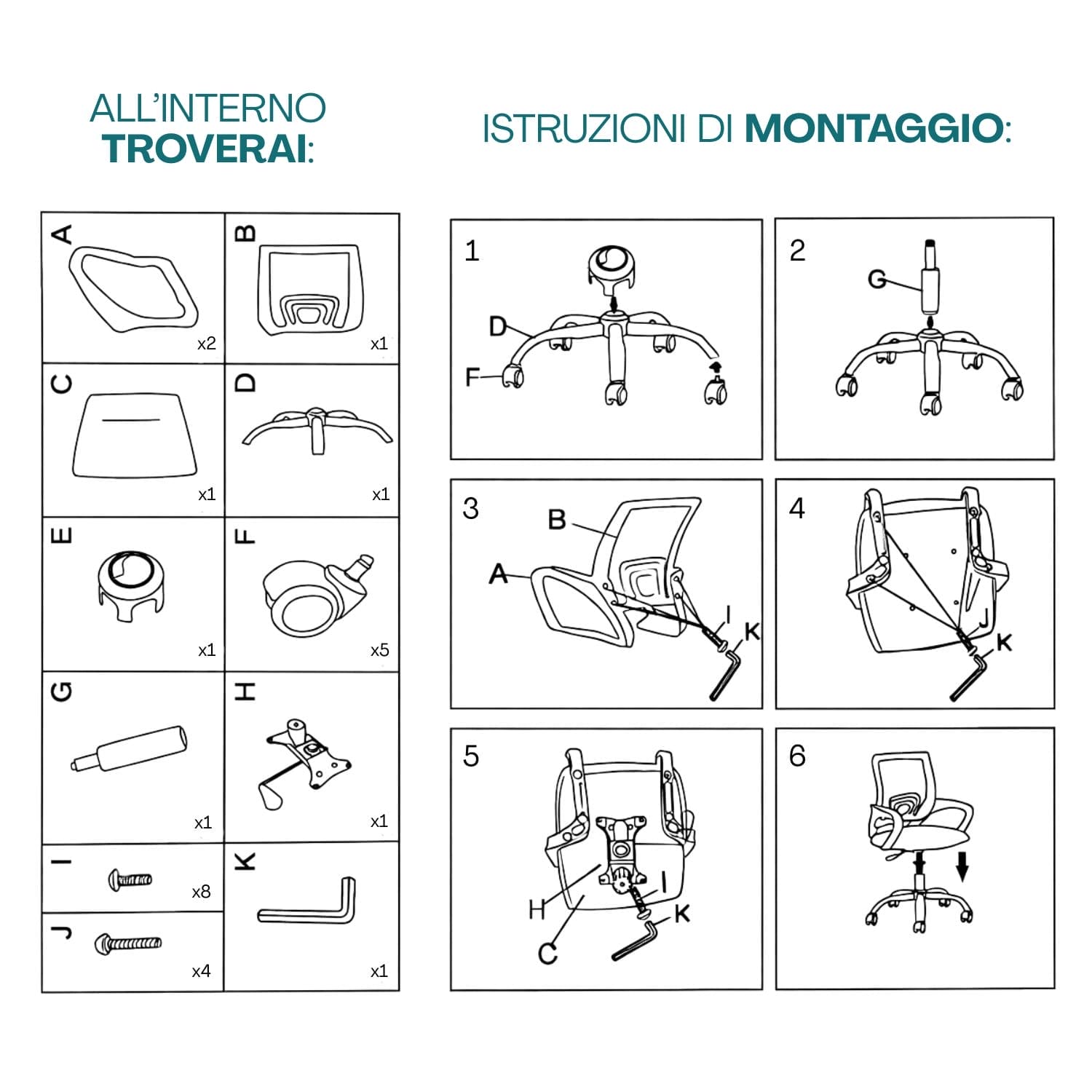 sedia da ufficio istruzioni Istruzioni di montaggio sedia da ufficio con componenti e fasi di assemblaggio illustrate