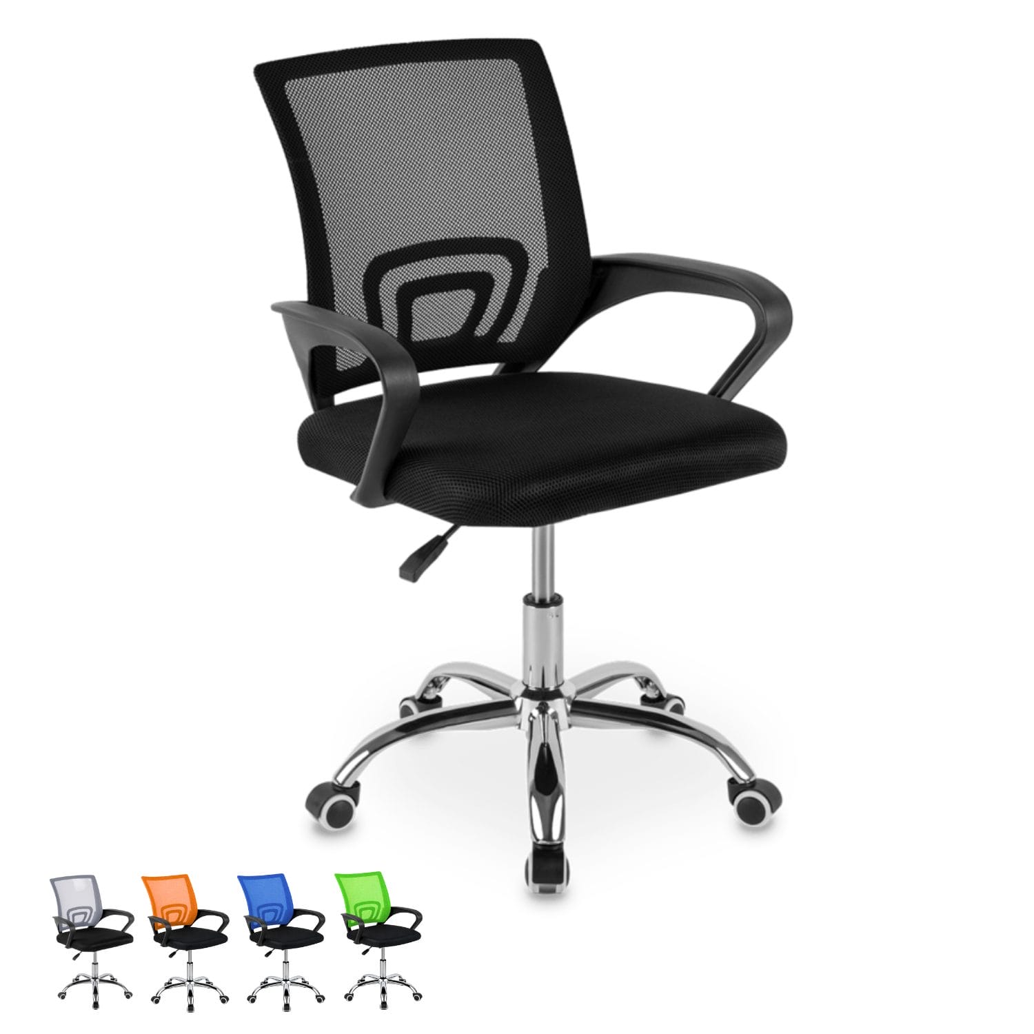 Sedia da ufficio girevole nera con schienale in rete traspirante, braccioli e base cromata