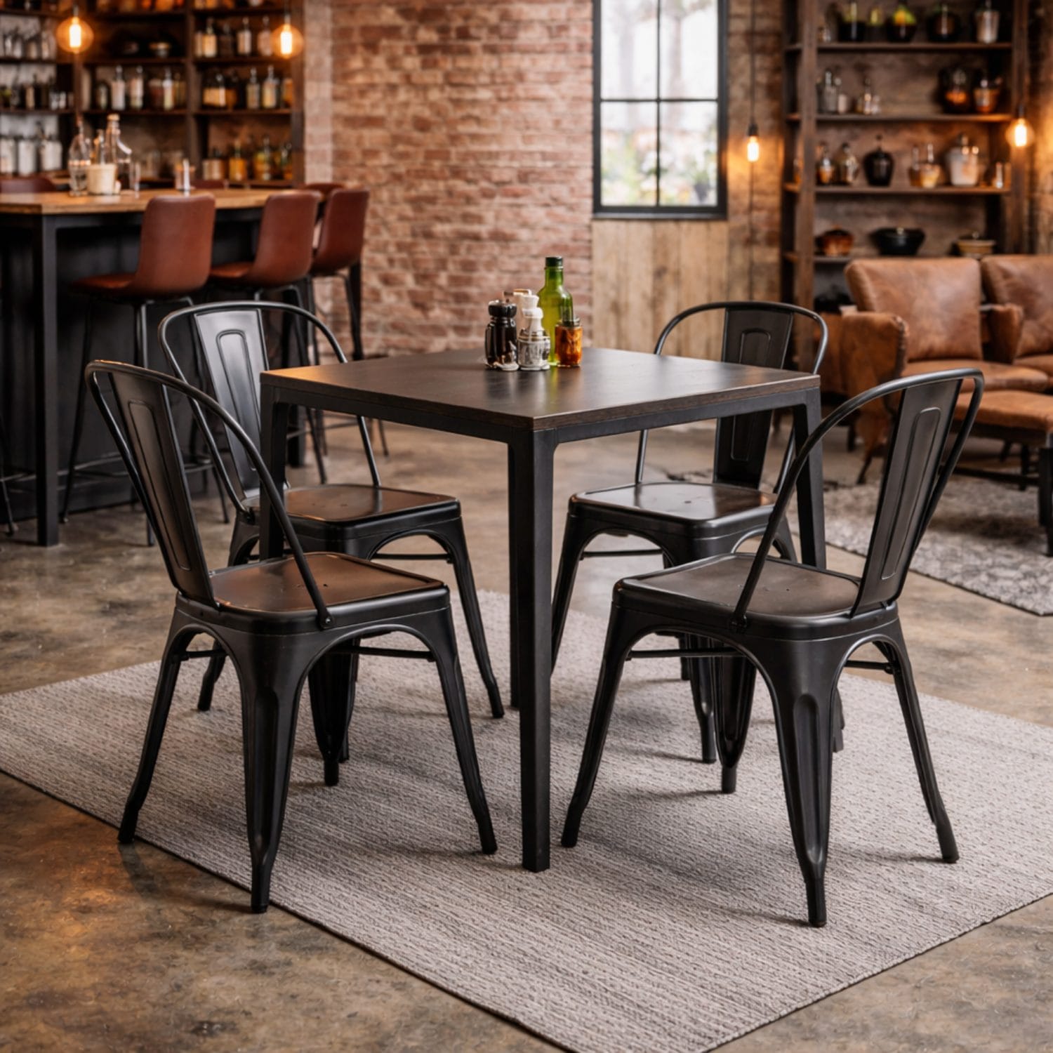Sedie Industry in metallo nero stile industriale attorno a tavolo in ambiente moderno