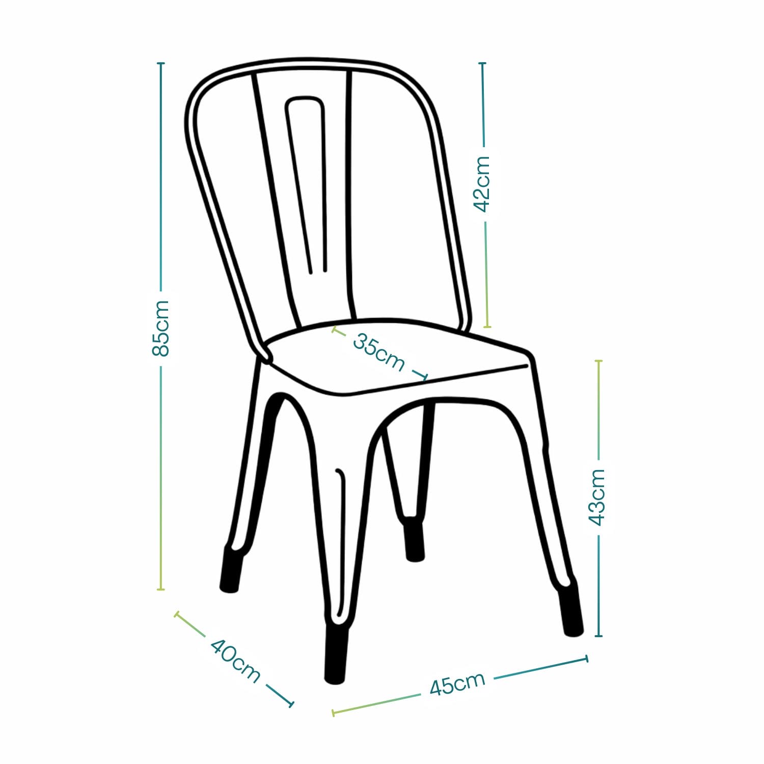 Sedia Industry in metallo nero con misure 45x40x85 cm schema tecnico