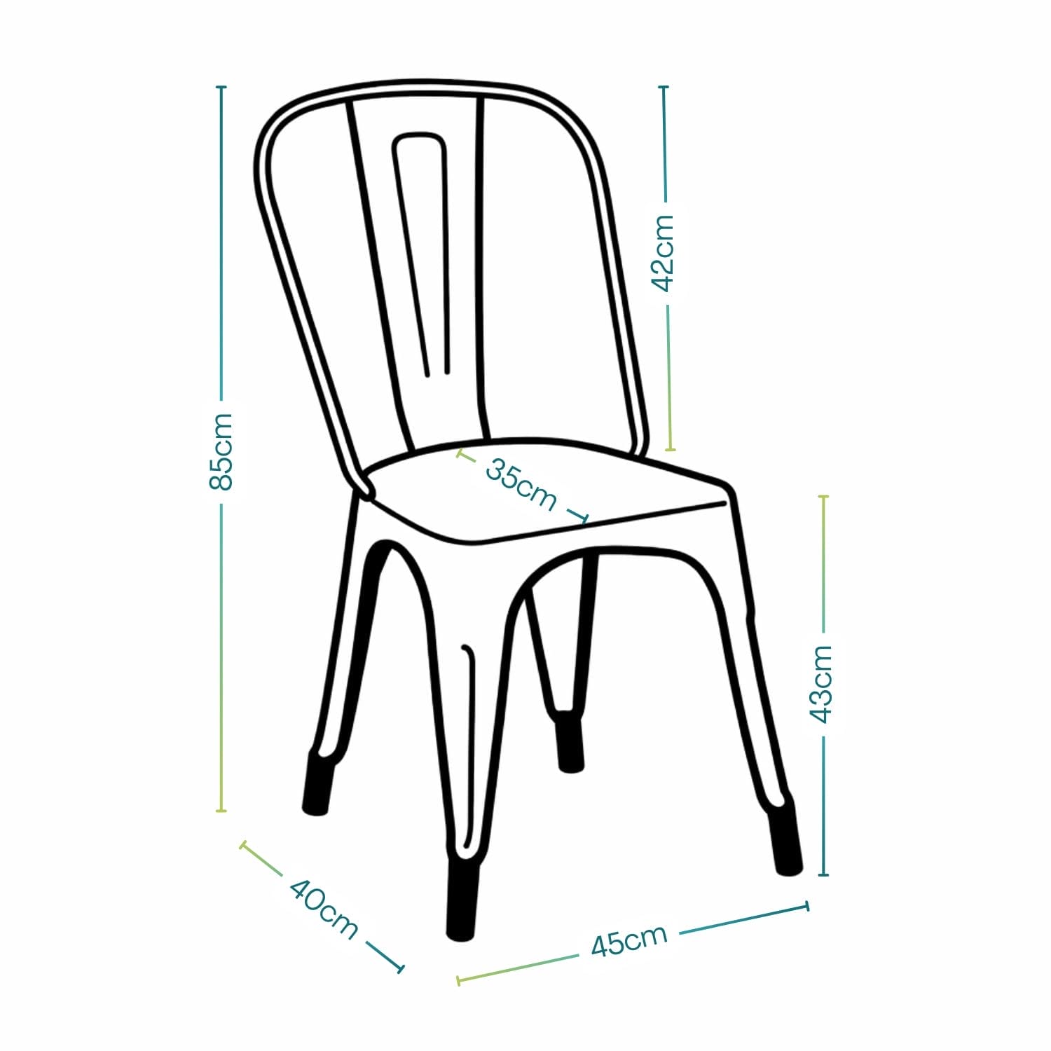 Sedia Industry in metallo nero con misure 45x40x85 cm schema tecnico