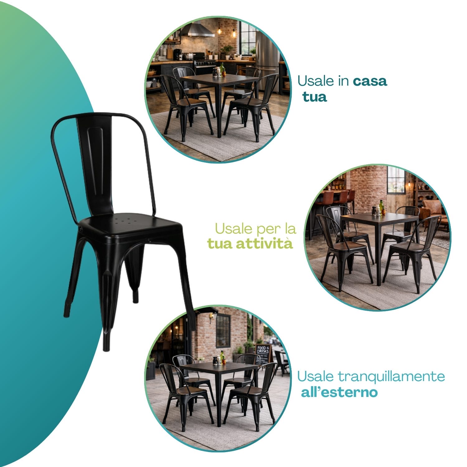Sedia Industry in metallo nero per casa, locali commerciali e uso esterno