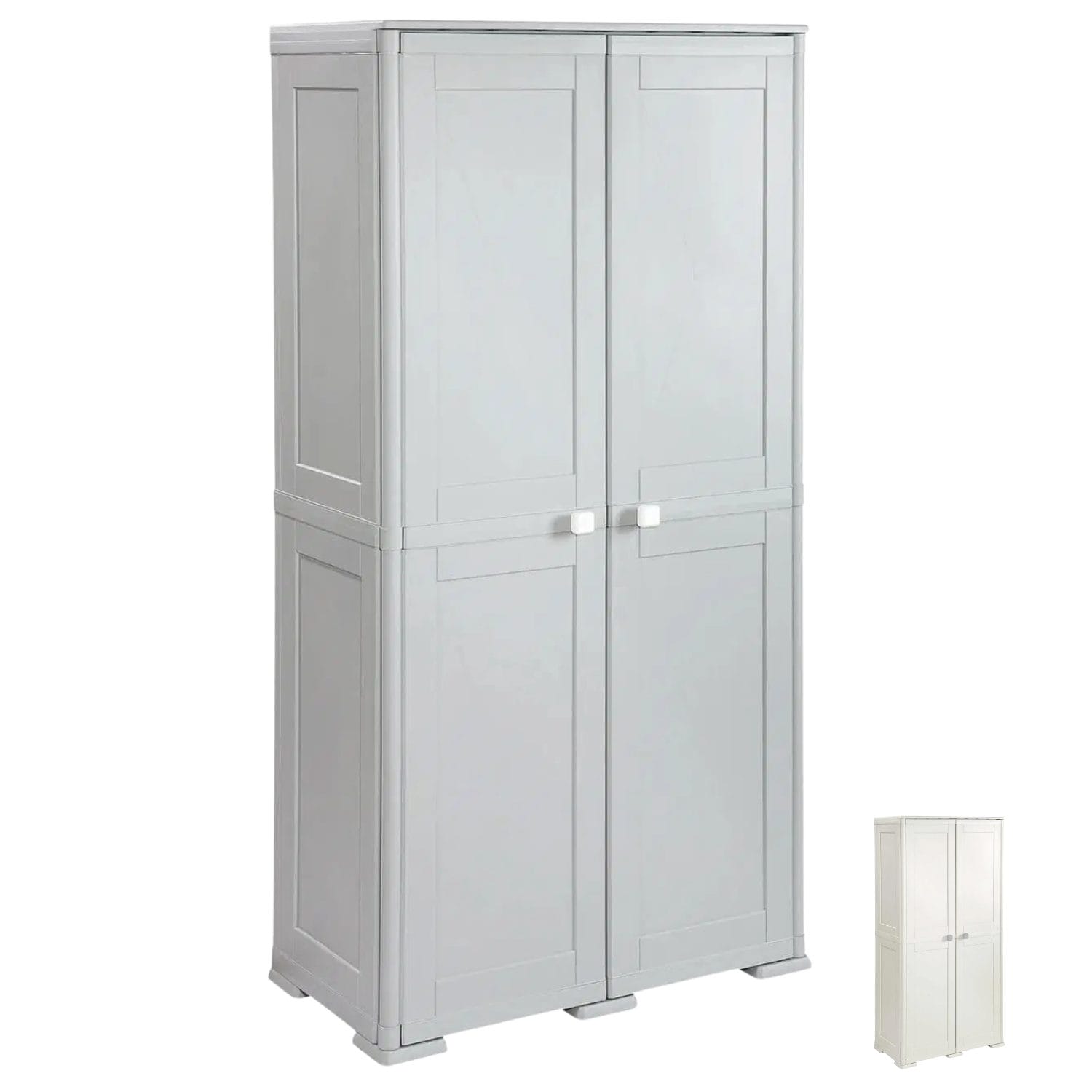 armadio portascope in plastica grigio 2 ante con ripiani regolabili e vano verticale per scope resistente alla ruggine