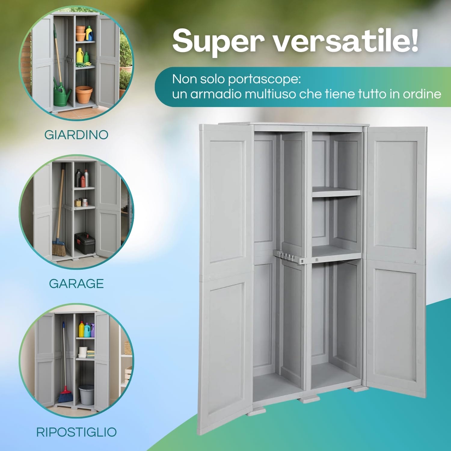 Armadio portascope in plastica 2 ante panna per ripostiglio con ripiani