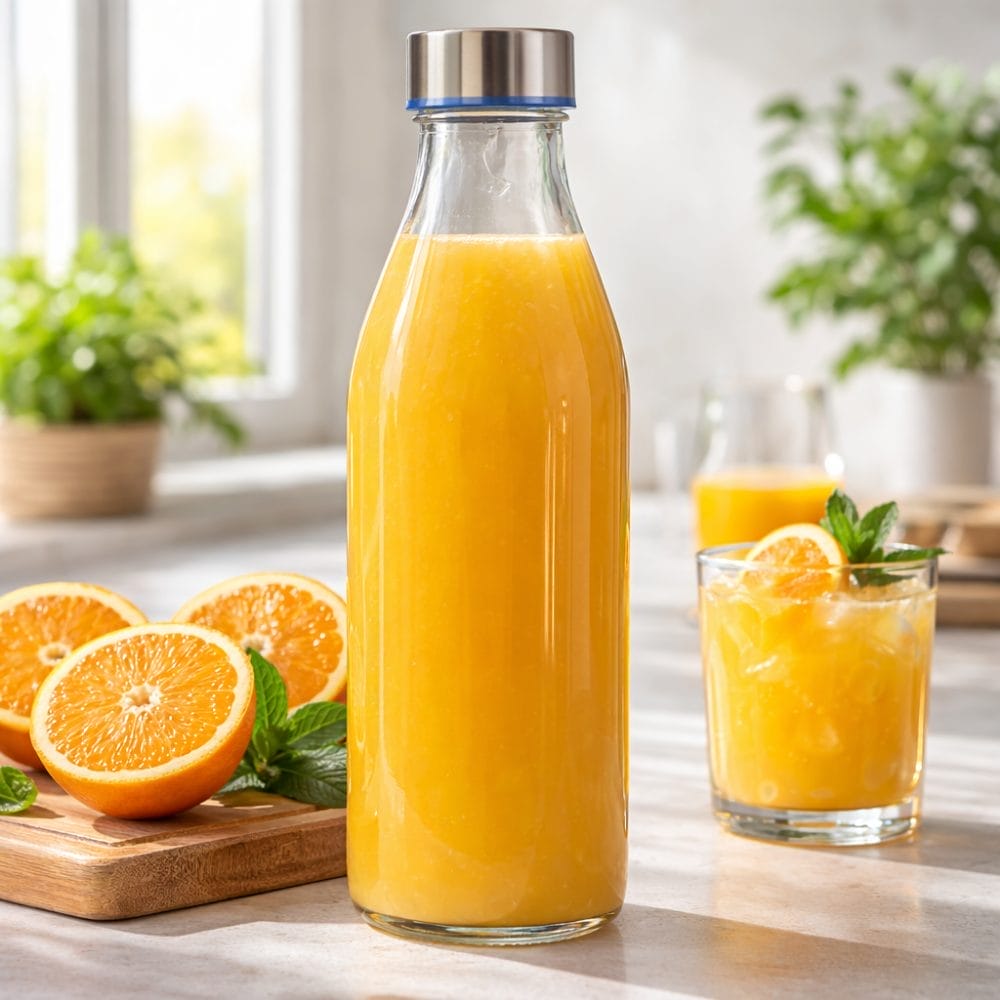 Bottiglia vetro 1 litro con tappo a vite riempita con succo d'arancia fresco