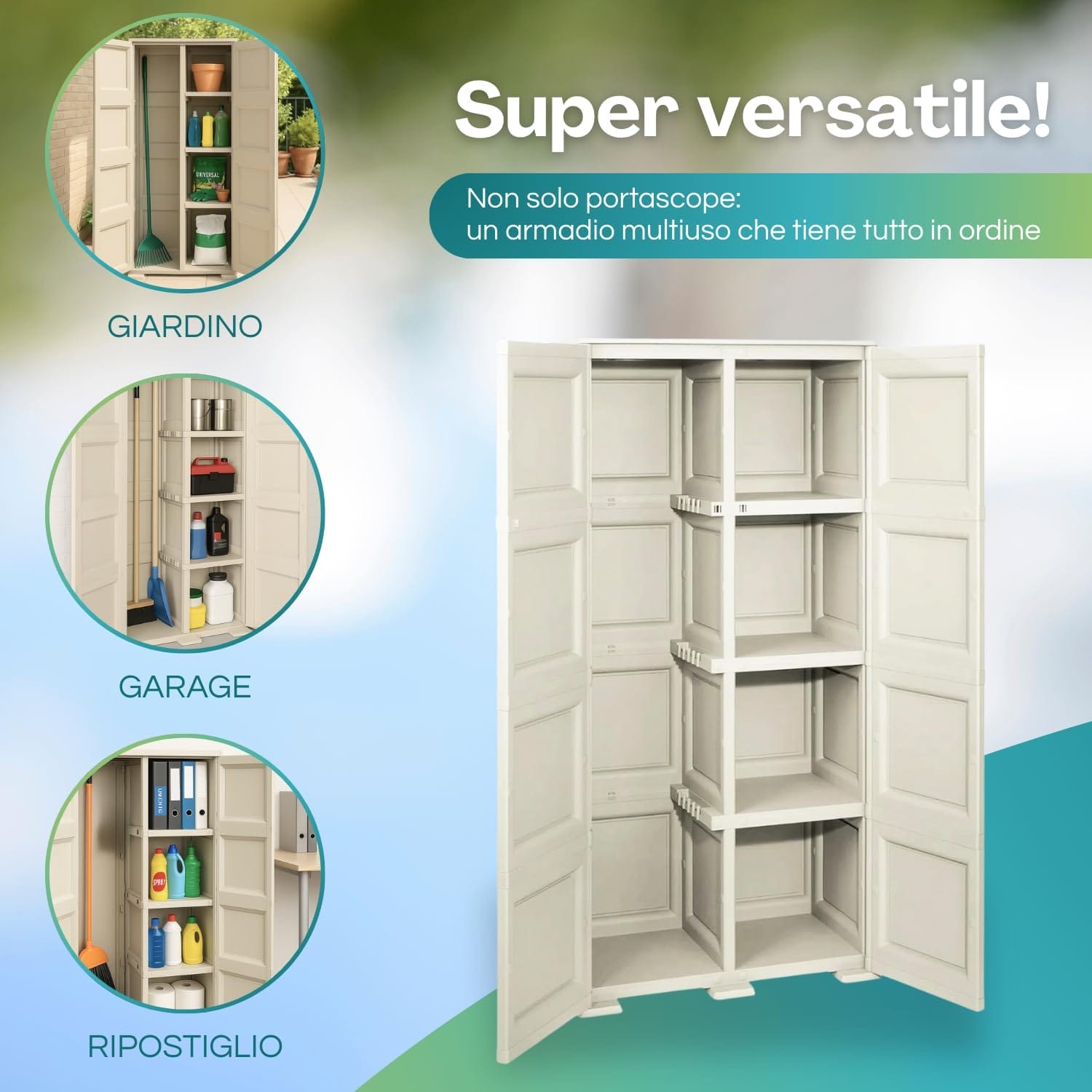 armadio portascope con 4 scomparti per oggetti ideale per garage, giardino e ripostiglio