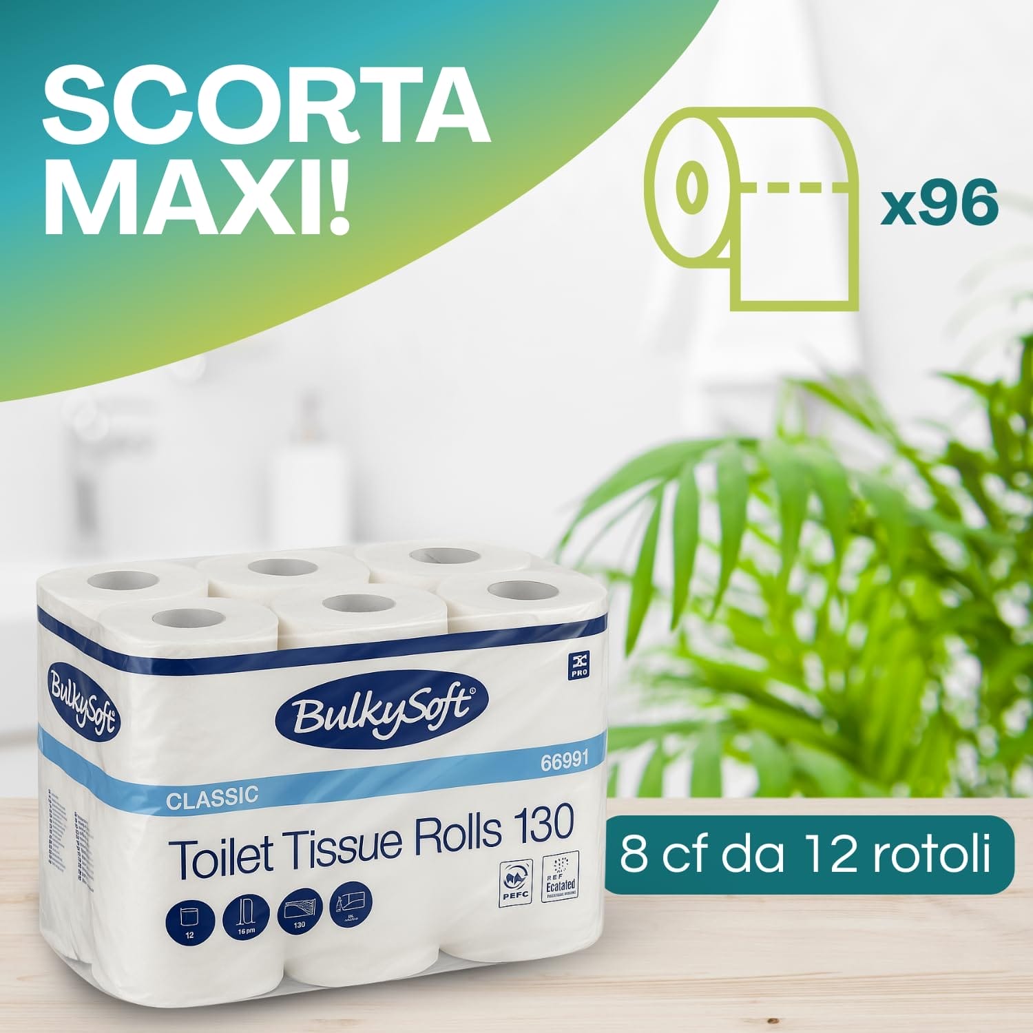 Carta igienica 2 veli pura cellulosa 96 rotoli da 130 strappi BulkySoft