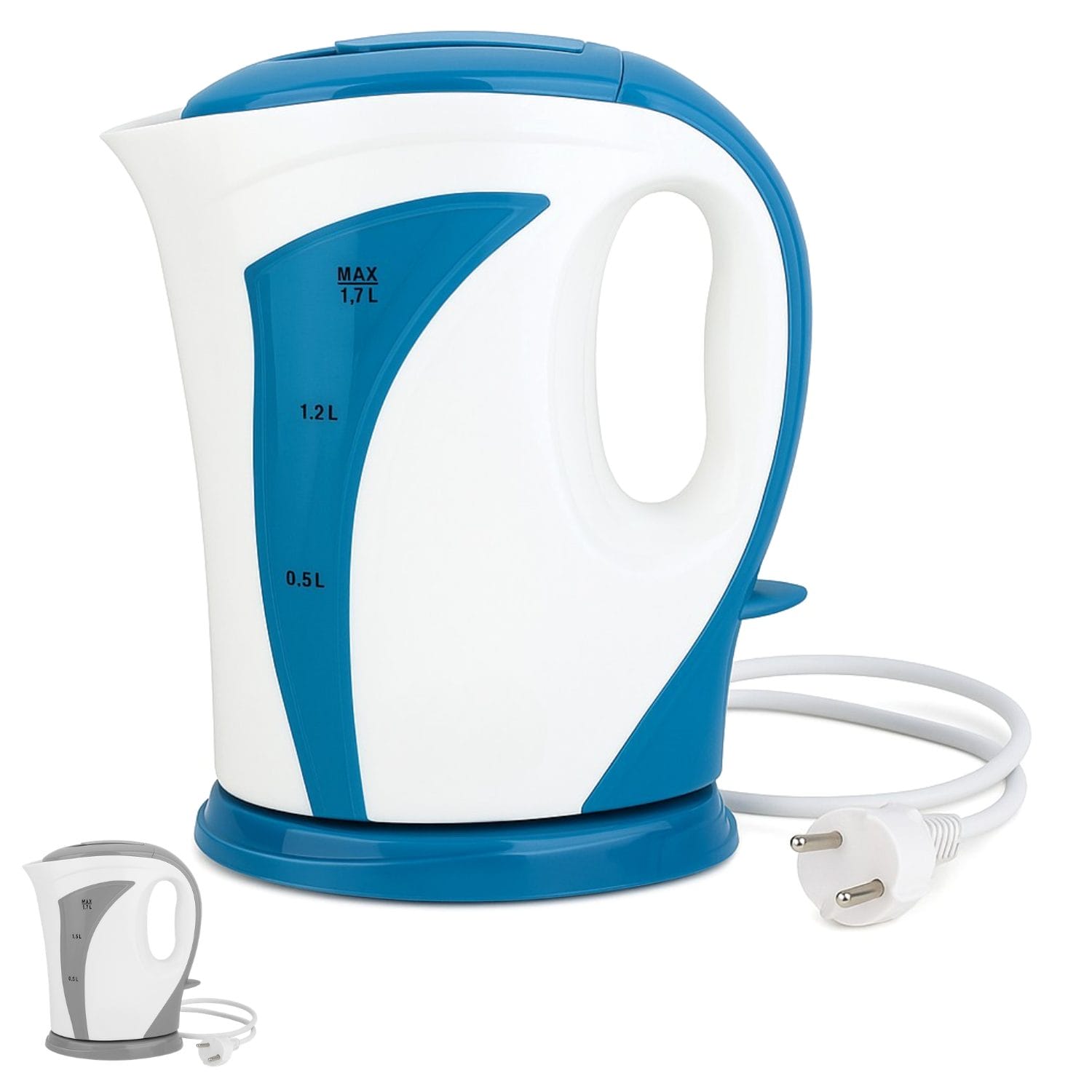 bollitore blu bollitore elettrico 1,7 litri in plastica bianco e blu con indicatore livello acqua e base girevole per uso cucina