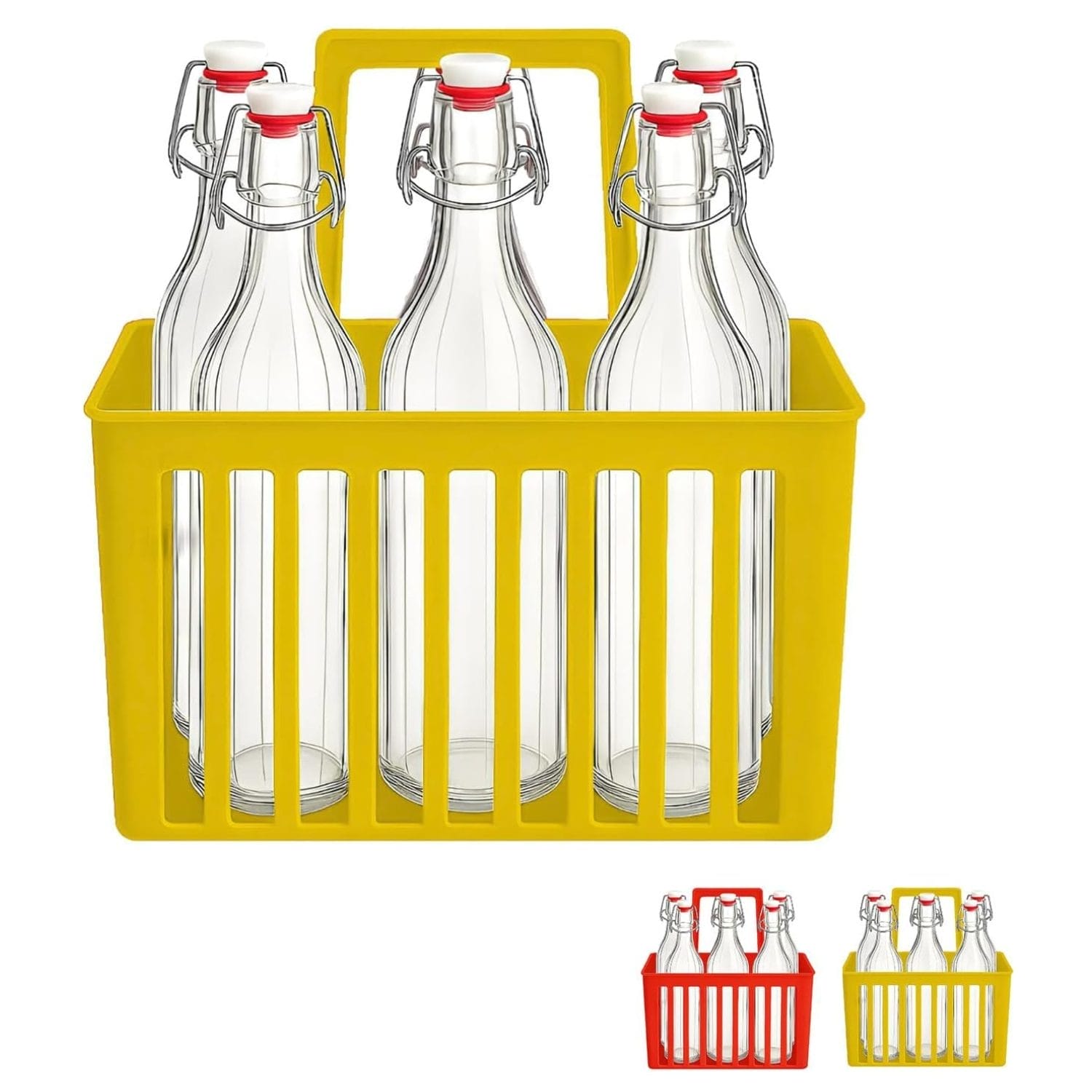 set 6 bottiglie in vetro con tappo ermetico e cestello porta bottiglie in plastica gialla ideale per acqua e bevande