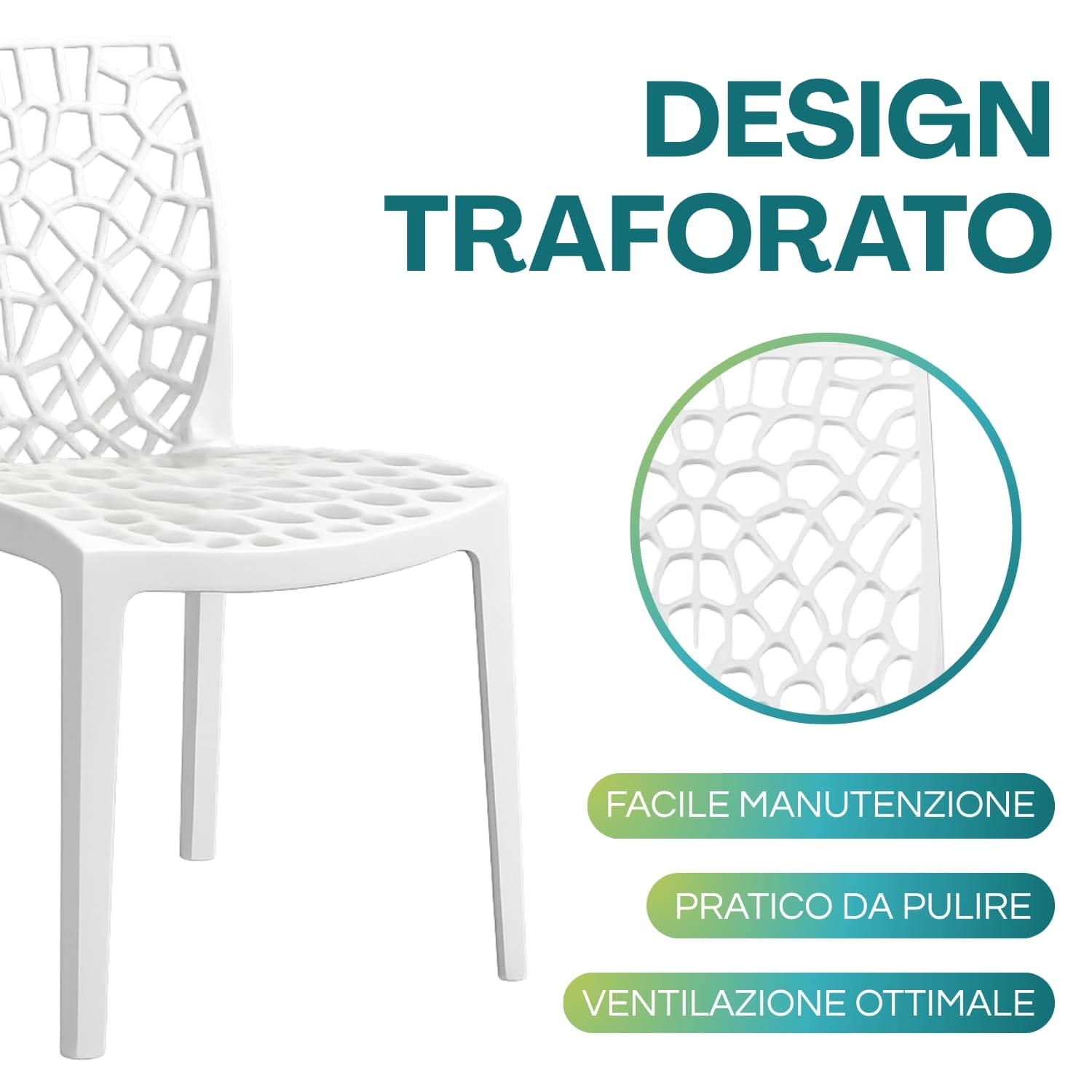 Sedia GRANDSOLEIL bianca in polipropilene con design traforato, facile da pulire e ventilata