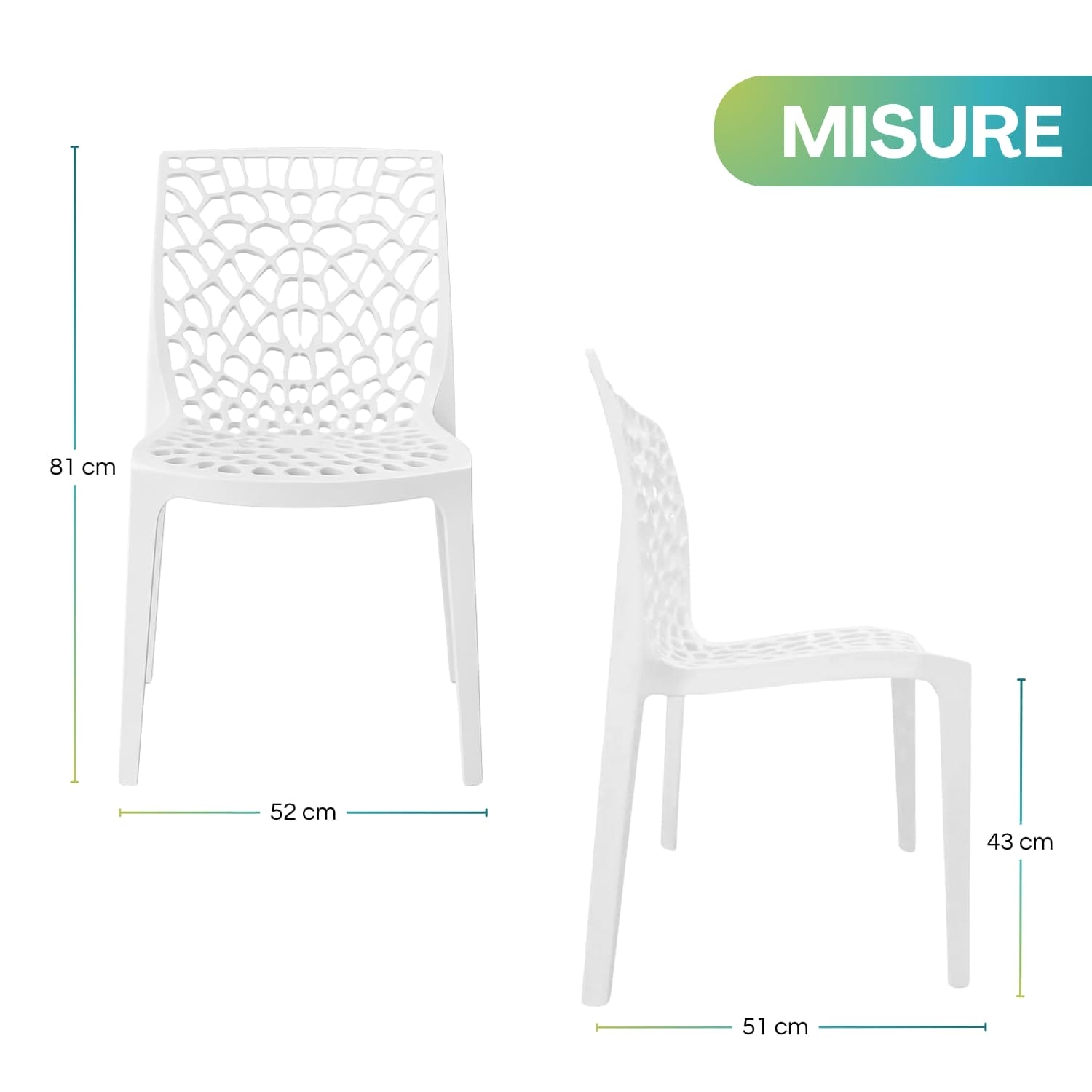 Sedia GRANDSOLEIL bianca in polipropilene traforato con misure 52x51x81 cm seduta 43 cm