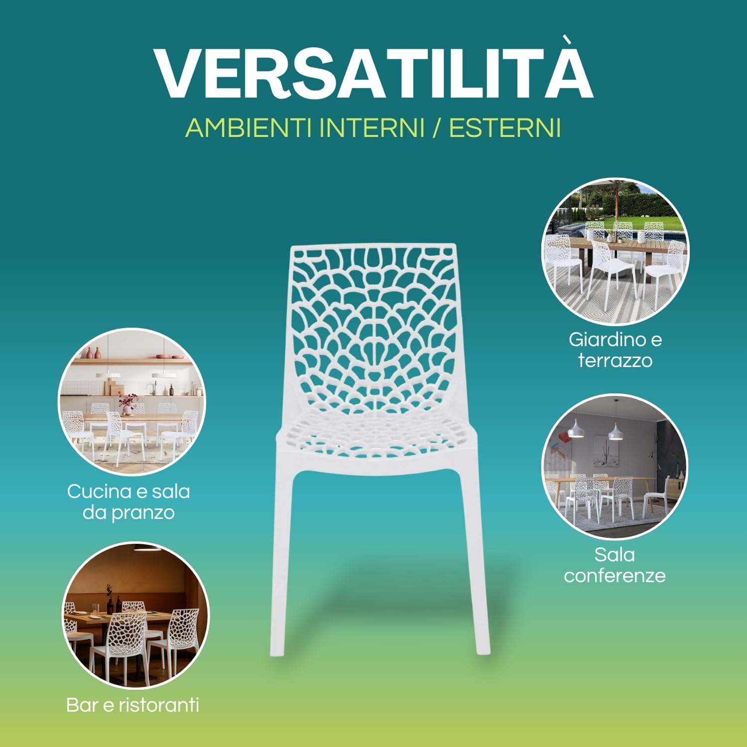 Sedia Gruvyer bianca in polipropilene traforata 52x51x81 cm per interni ed esterni