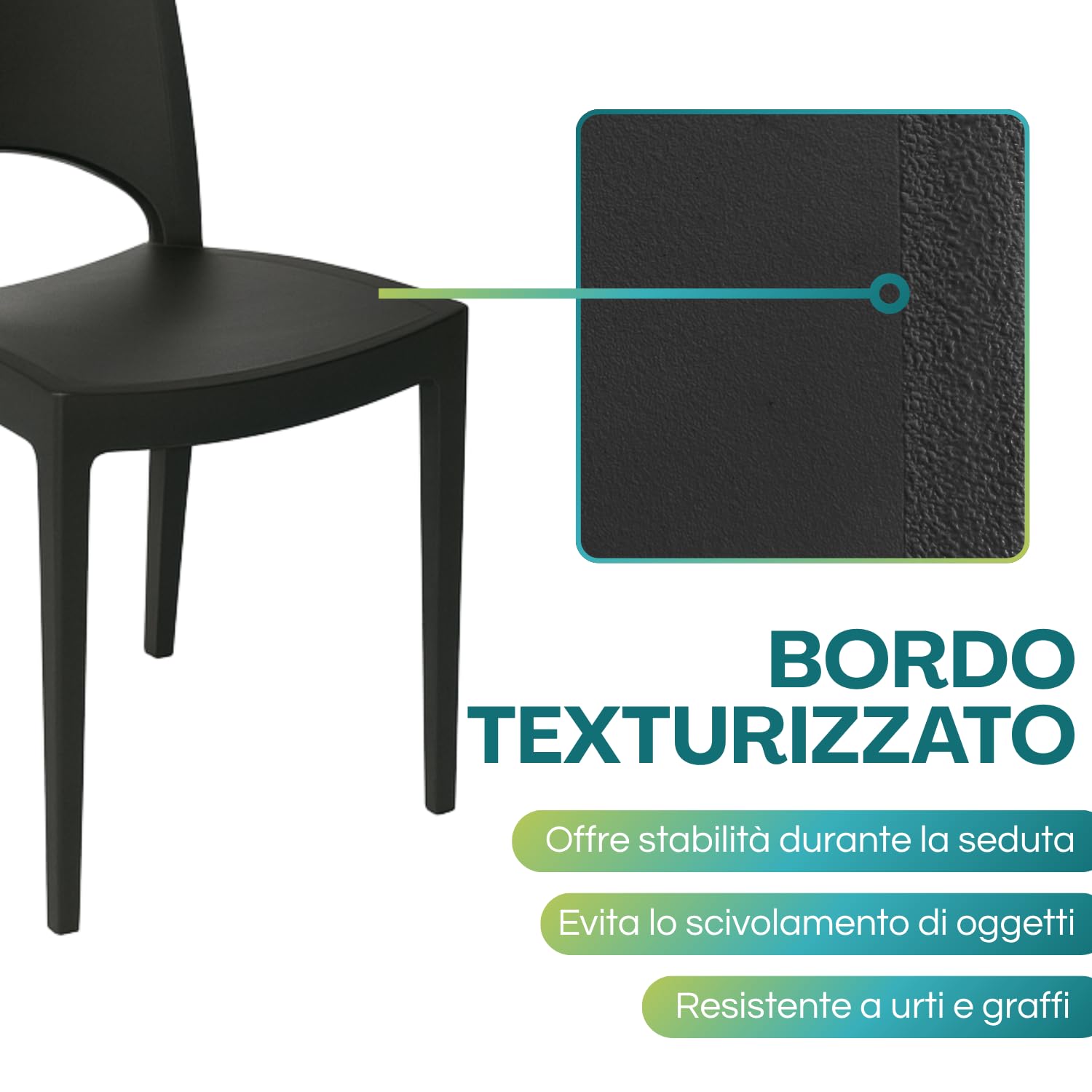 caratteristiche-sedia-paris-antracite Dettaglio bordo texturizzato sedia Paris antracite in polipropilene GRANDSOLEIL