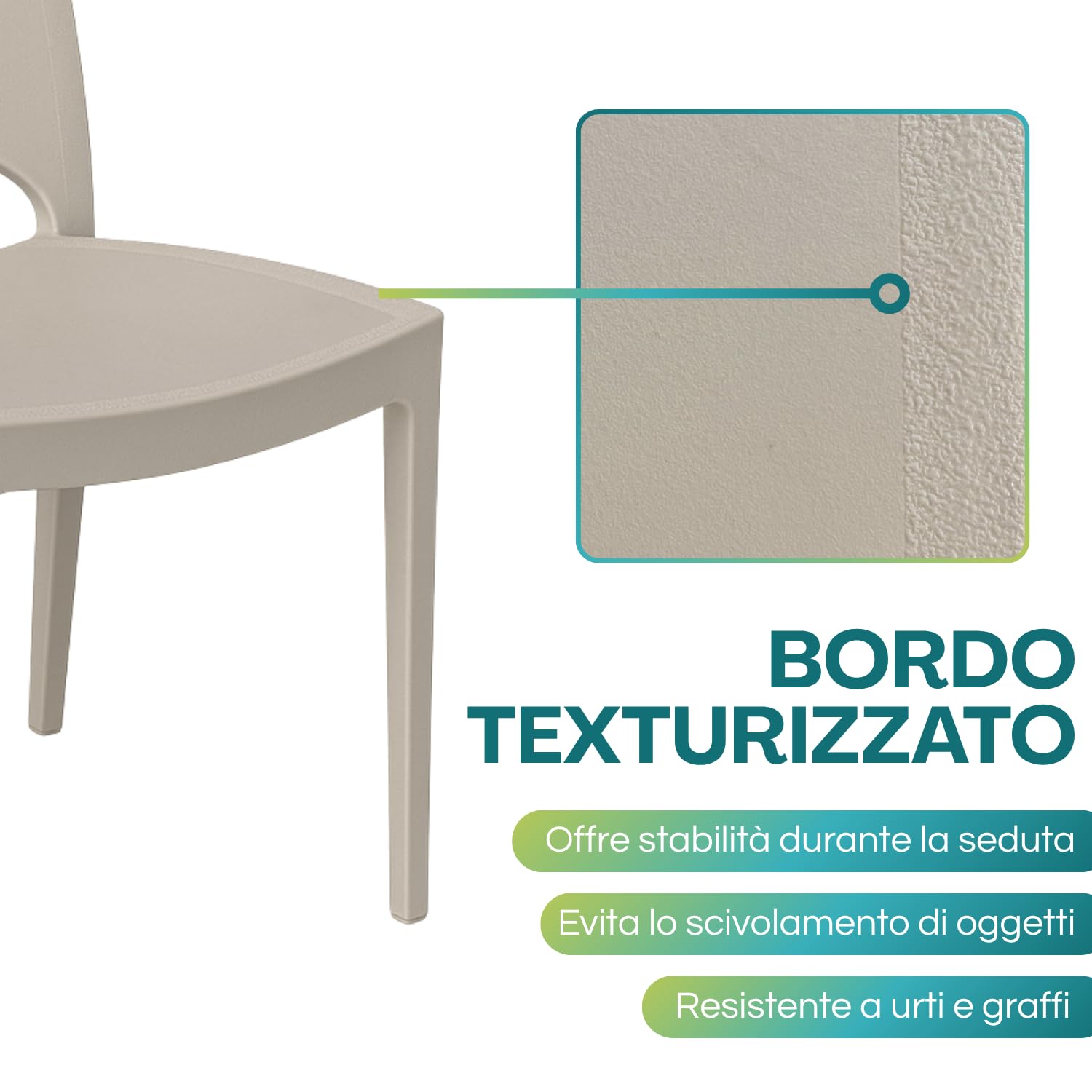 Dettaglio bordo texturizzato sedia Paris avorio GRANDSOLEIL resistente a urti e graffi