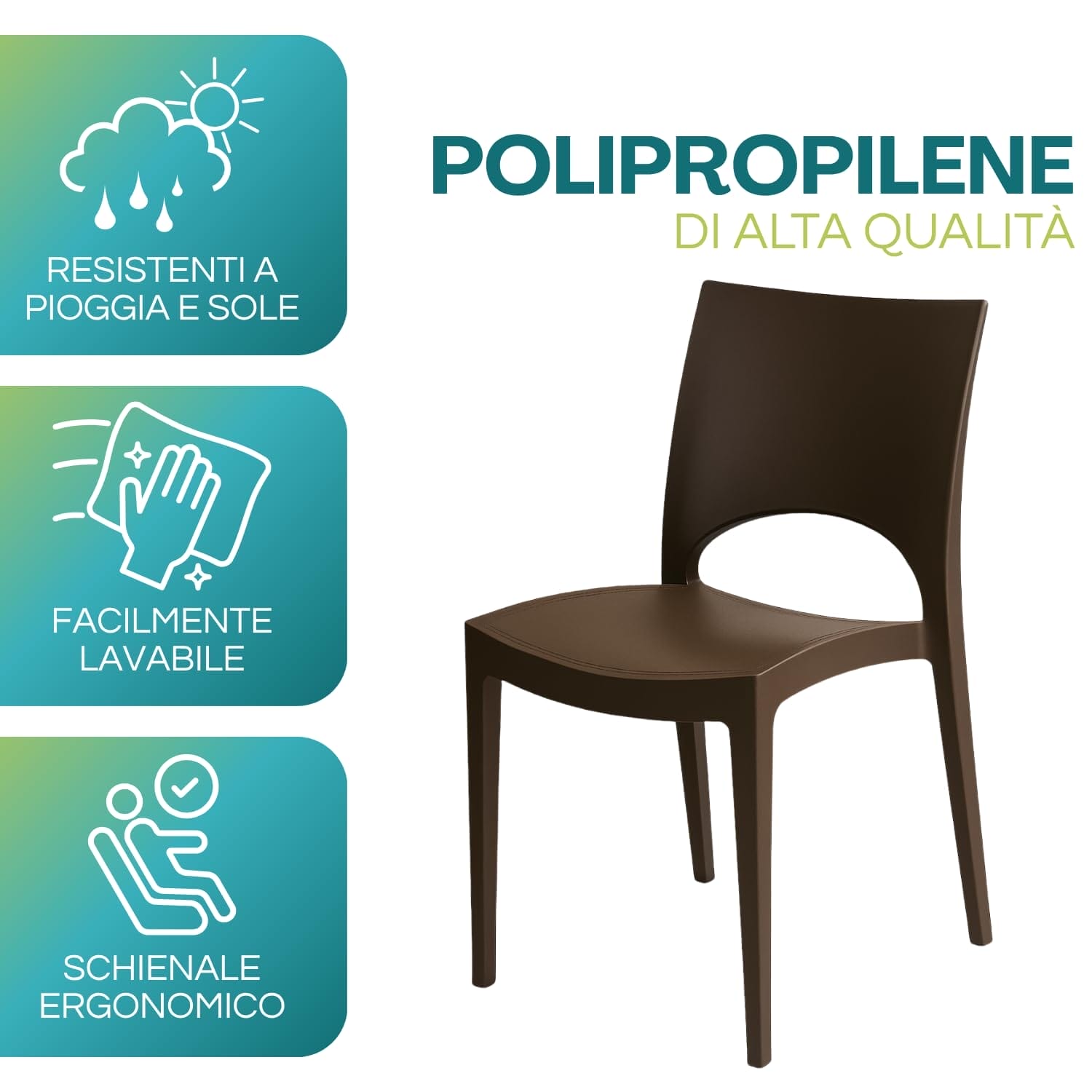 Sedia Paris in plastica colore Moka GRANDSOLEIL resistente a pioggia e sole con schienale ergonomico