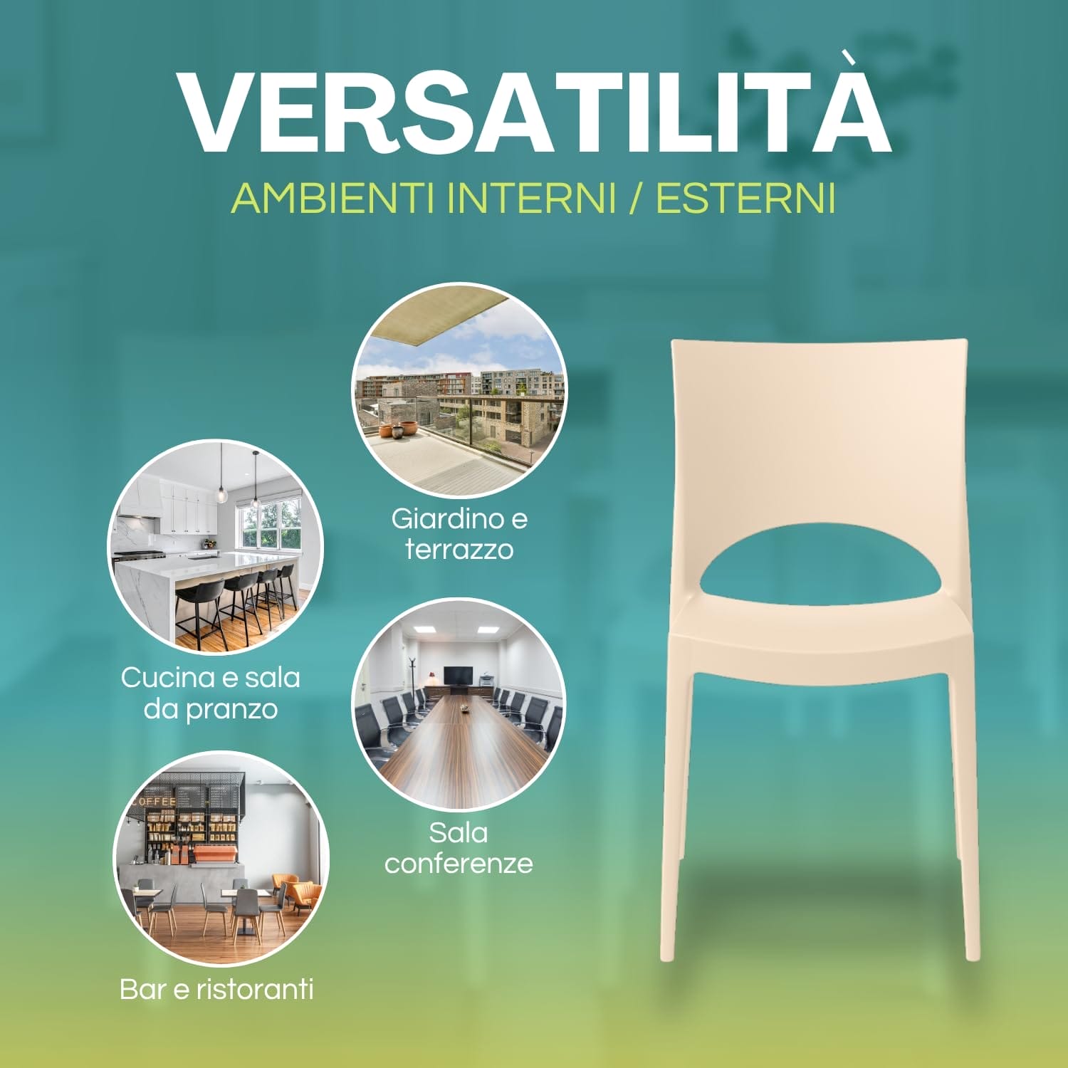 Sedia moderna in plastica avorio adatta a cucina, giardino e sala conferenze