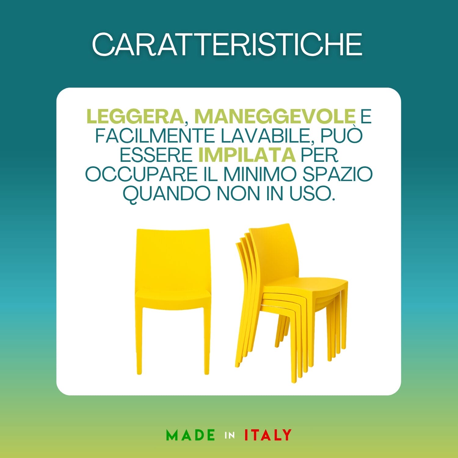 sedia-venice-gialla-caratteristiche Set sedie Grandsoleil Venice verde anice in plastica impilabili e maneggevoli per interni ed esterni