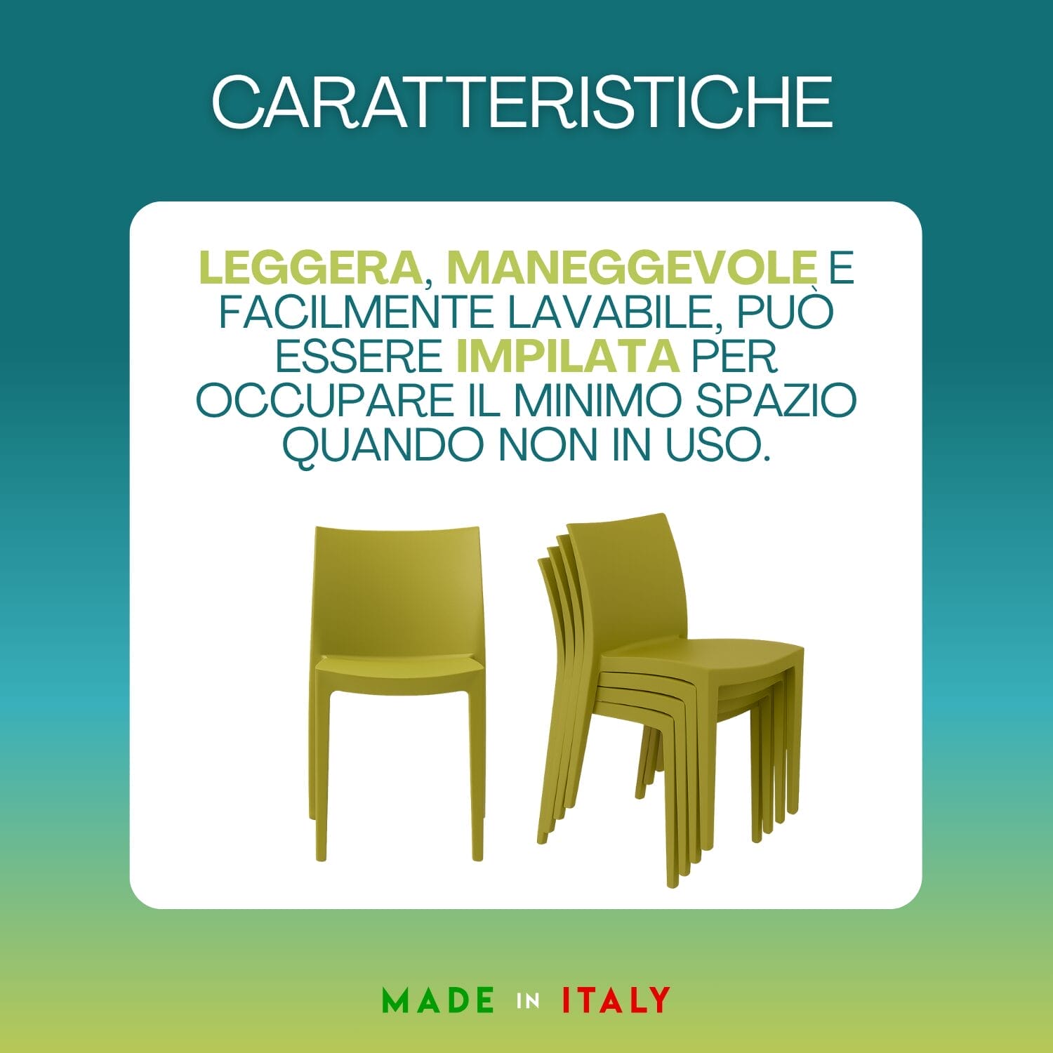 sedia-venice-verde-caratteristiche Sedie Venice verde anice in polipropilene impilabili leggere e lavabili Made in Italy
