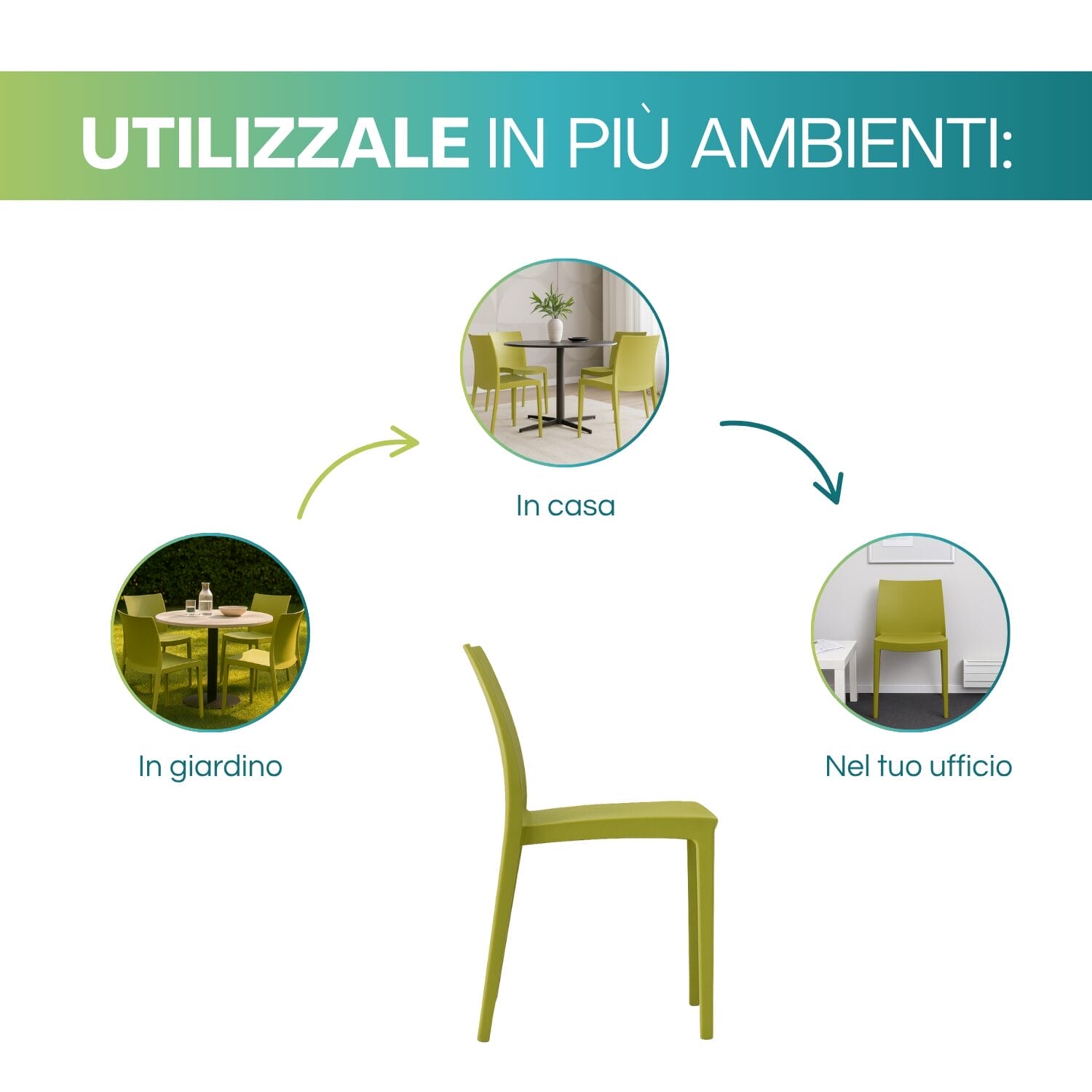 Sedia Venice verde anice in polipropilene utilizzabile in casa ufficio e giardino