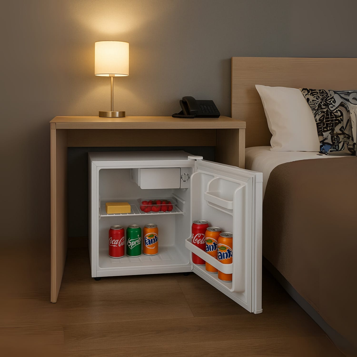 Mini frigo 46L bianco con porta aperta in camera hotel bevande e snack al suo interno