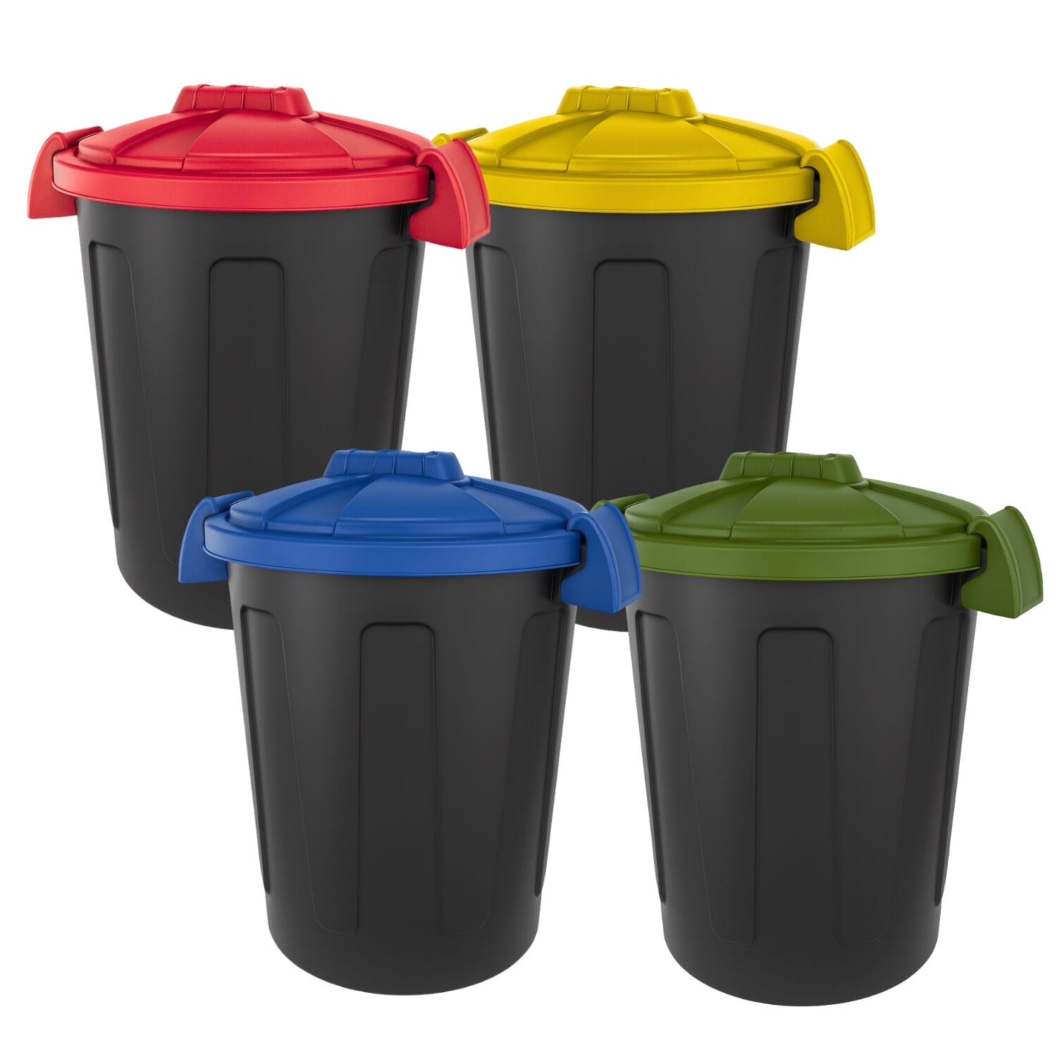 Set pattumiere da 25 litri in plastica nera con coperchi colorati rosso giallo blu e verde