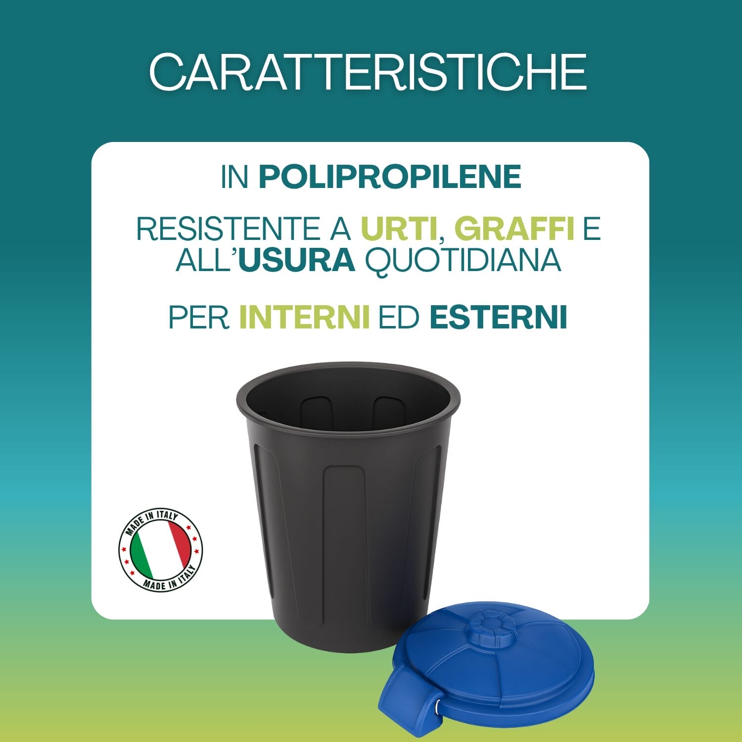 Bidone rifiuti 25 litri nero con coperchio blu in plastica per uso interno ed esterno